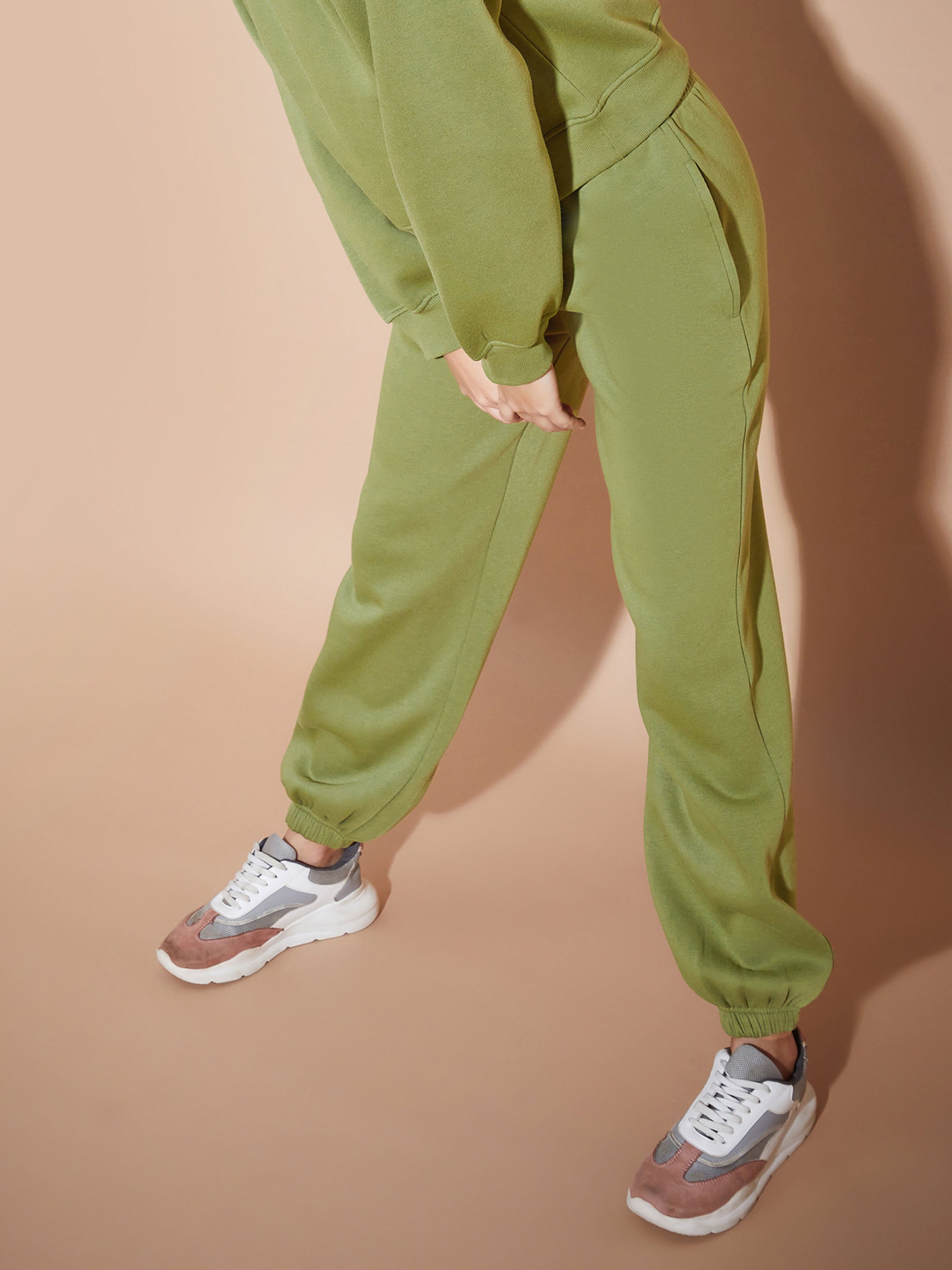 Women Olive Fleece Baggy Joggers