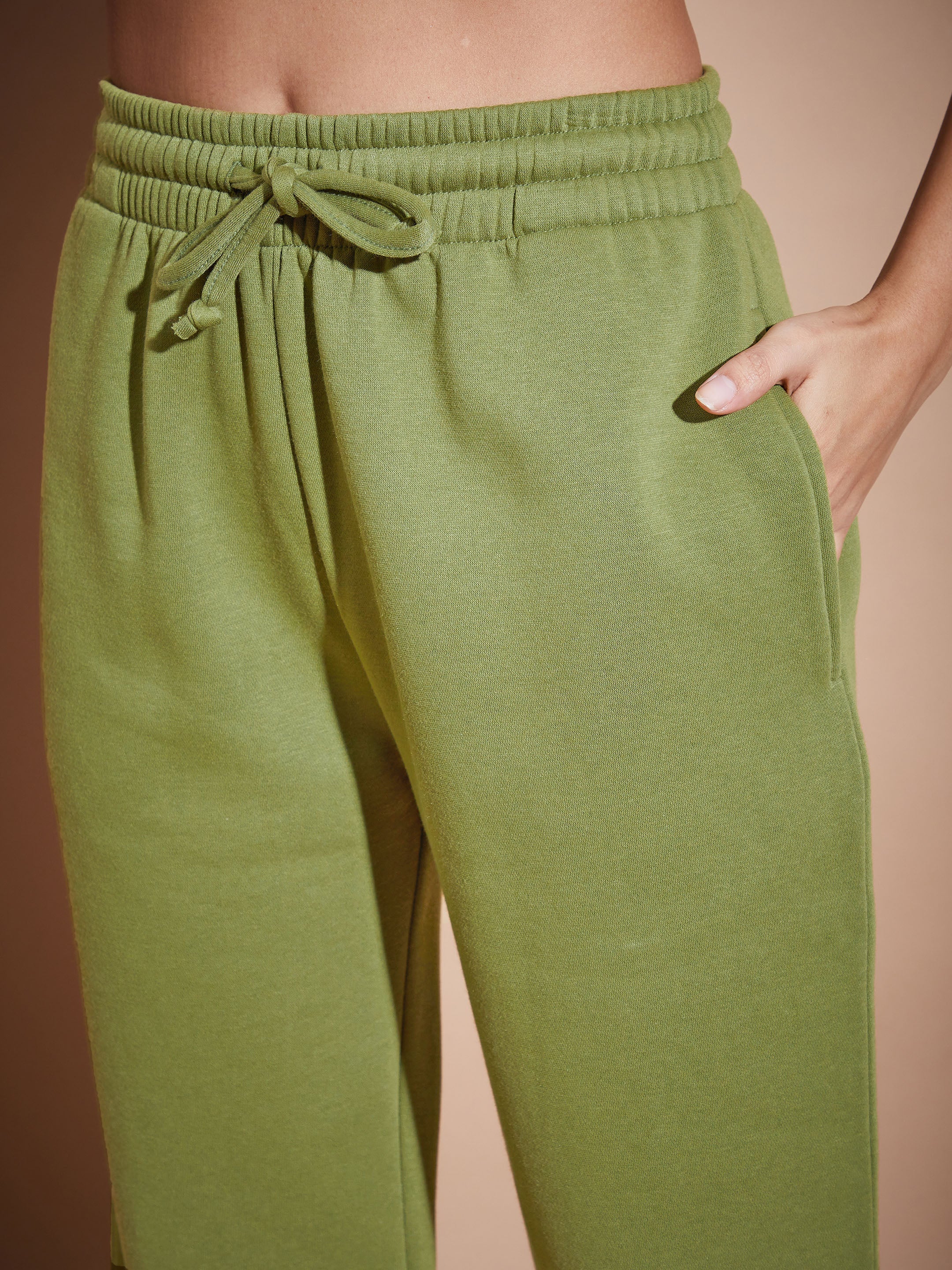 Women Olive Fleece Baggy Joggers