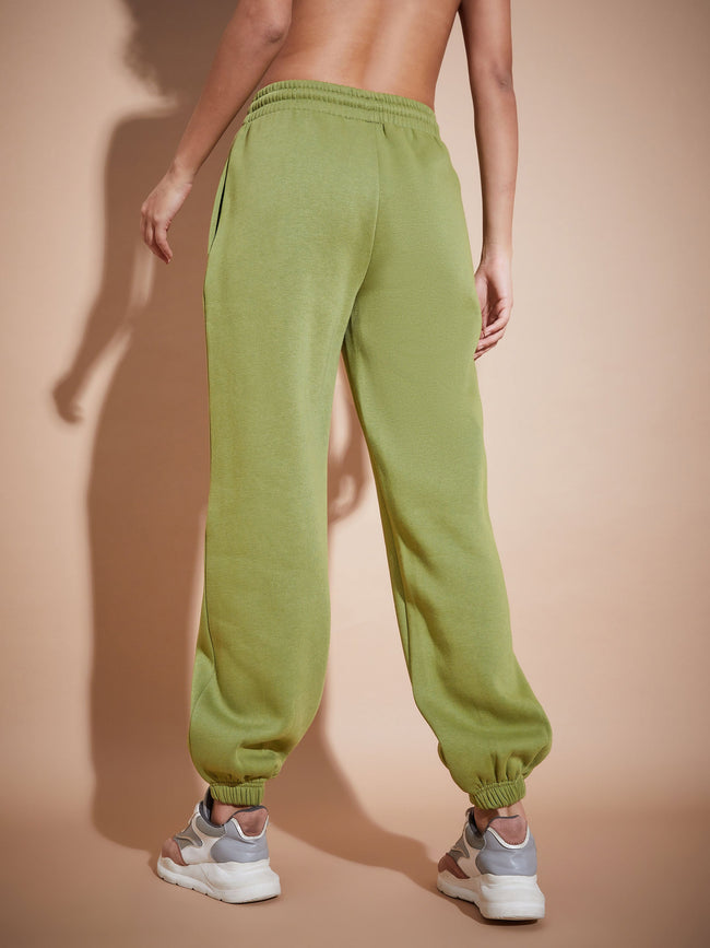 Women Olive Fleece Baggy Joggers