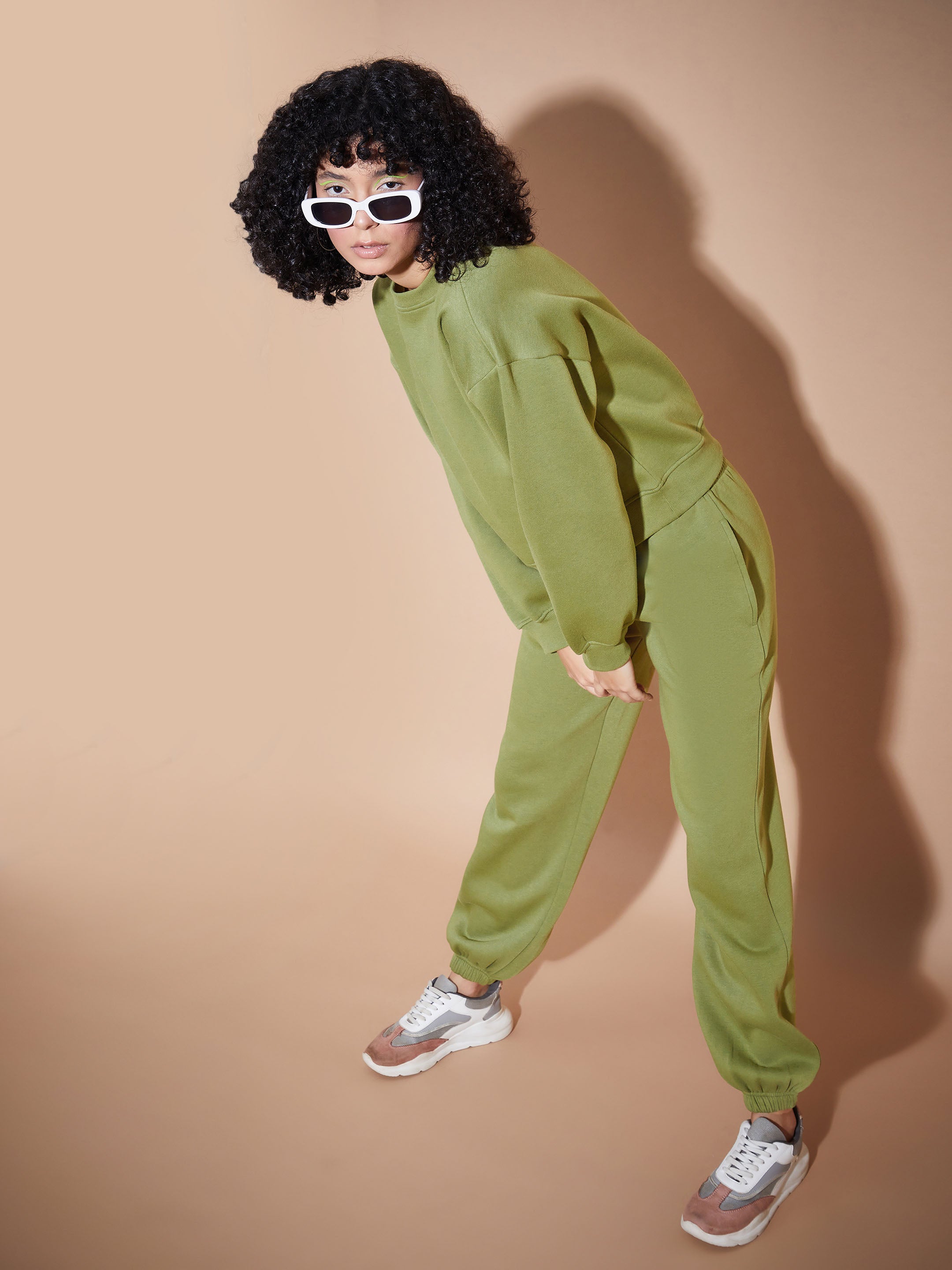 Women Olive Fleece Baggy Joggers