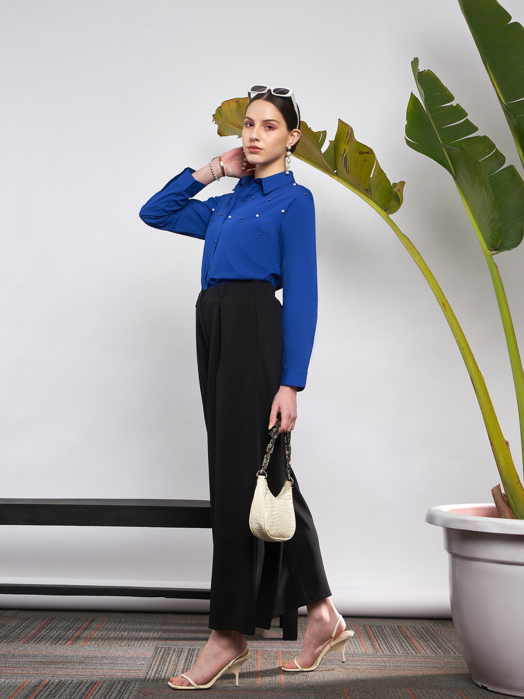 Women Black Front Pleated Loose Fit Korean Pants