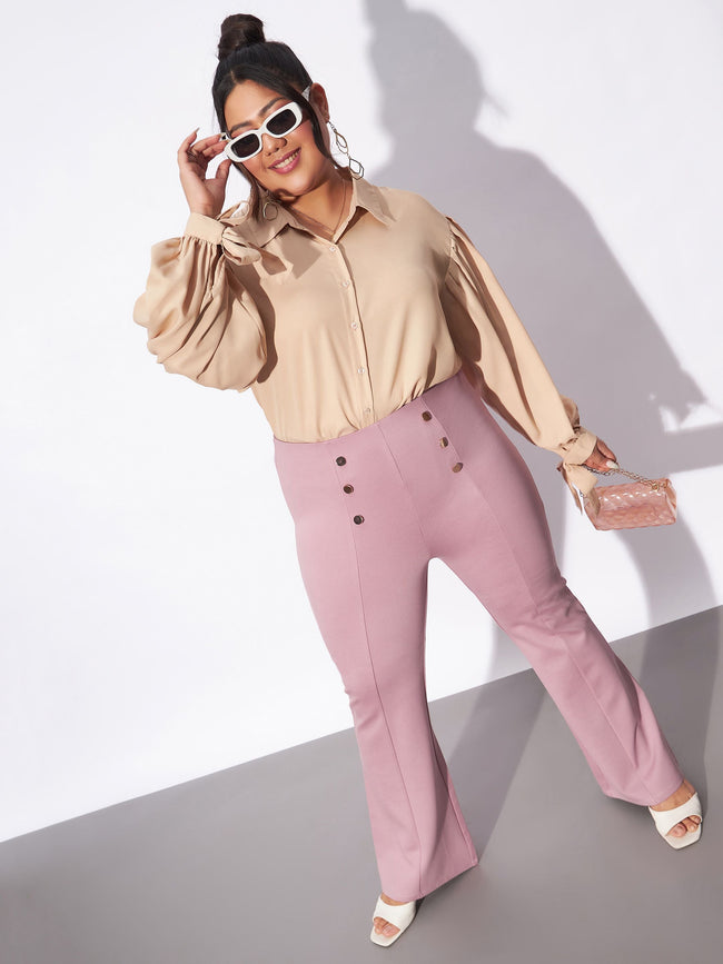 Pale Pink Mock Button Detail Bell Bottom Trousers-SASSAFRAS Curve