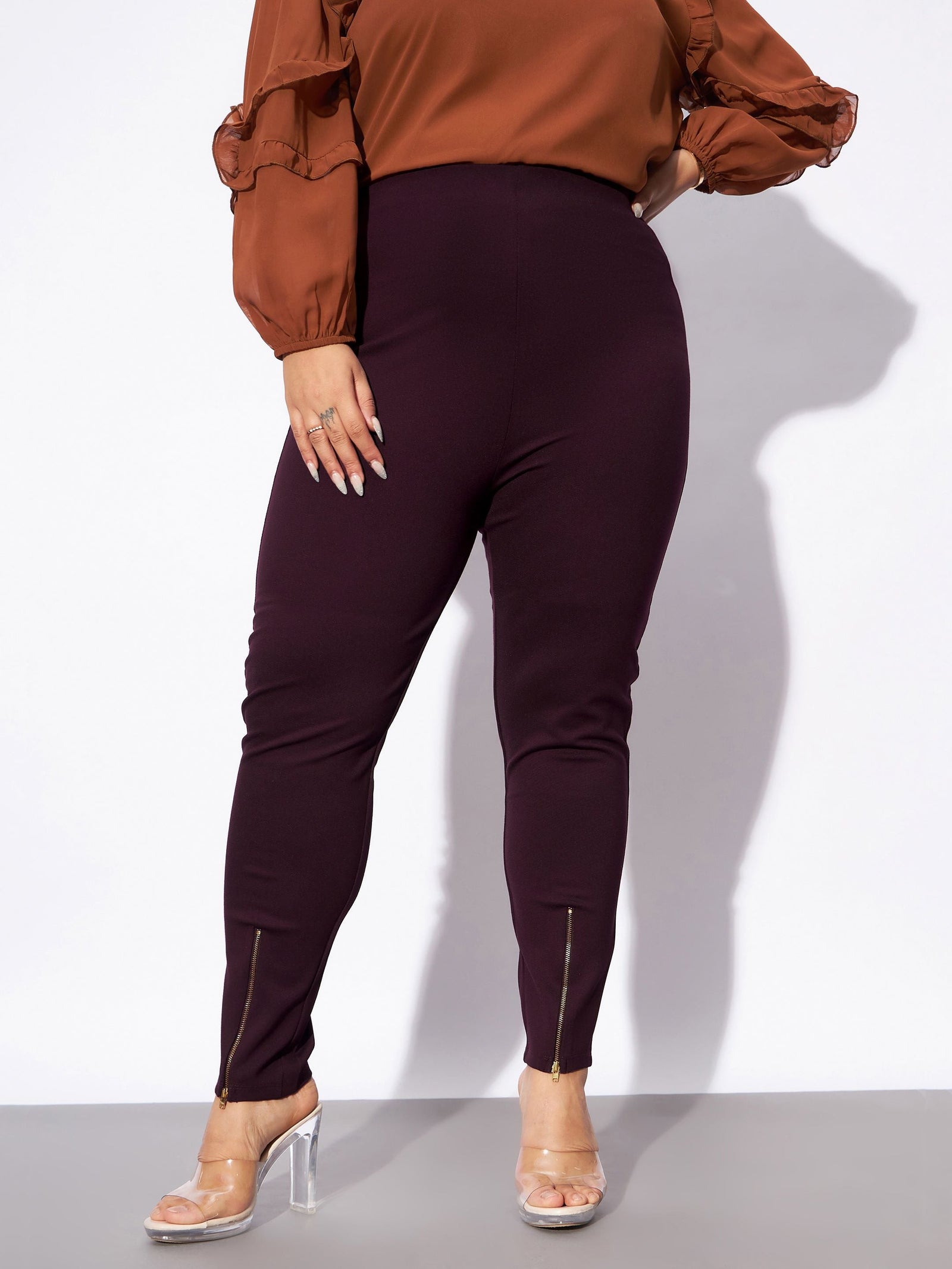 Women Burgundy Metal Zipper Hem Detail Pants