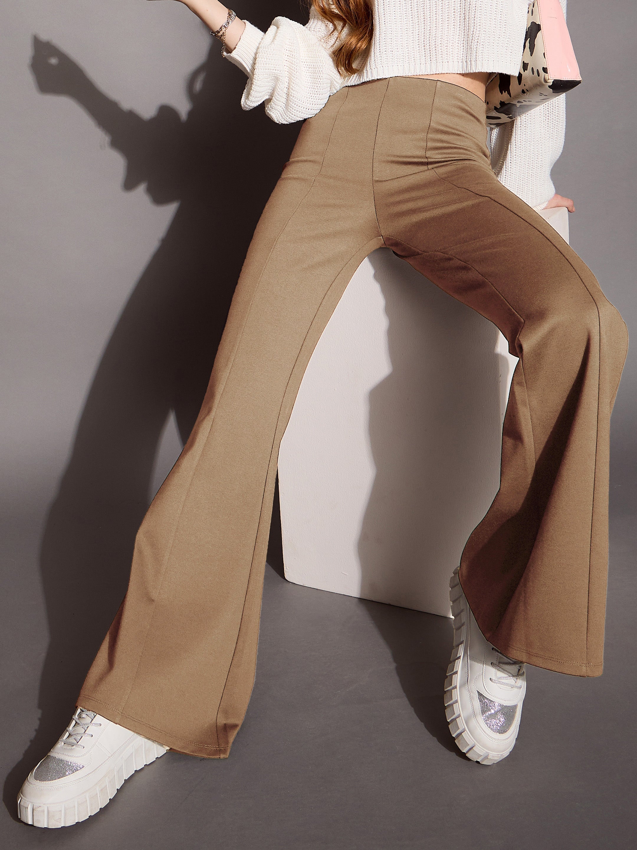 Women Brown Bootcut Flared High-Rise Trousers