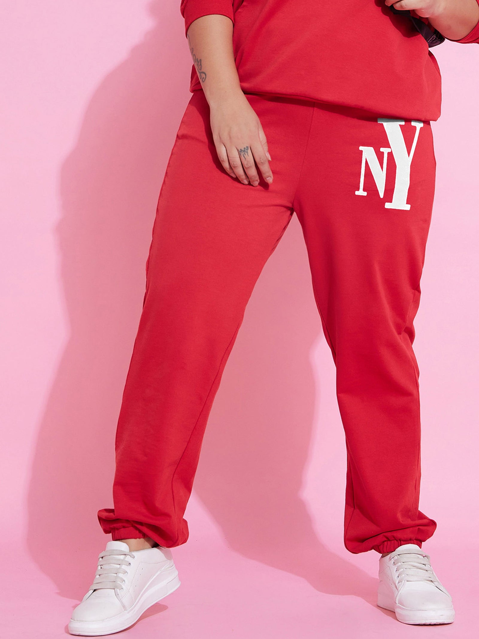 Women Red New Yoke Fleece Joggers