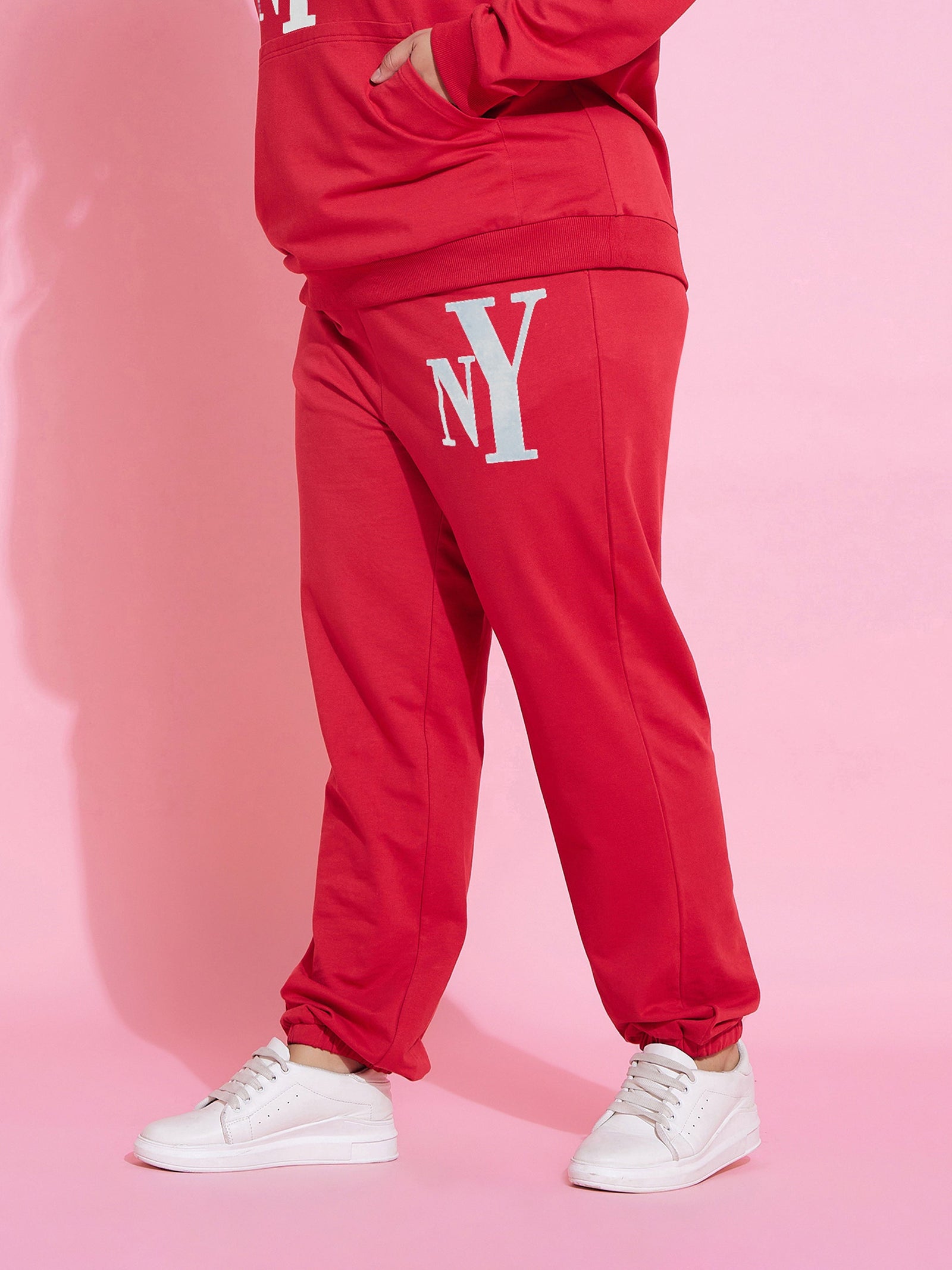 Women Red New Yoke Fleece Joggers