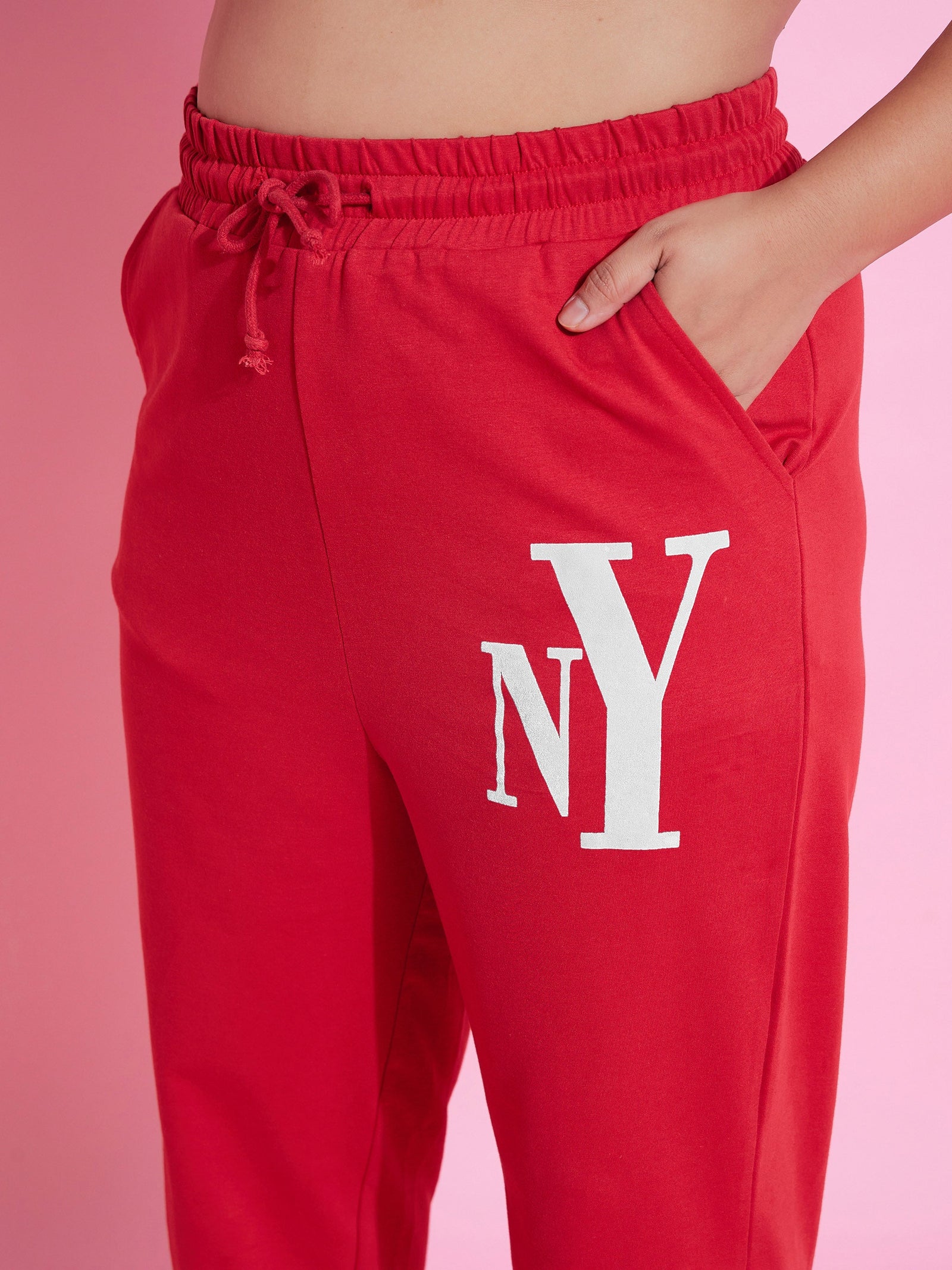 Women Red New Yoke Fleece Joggers