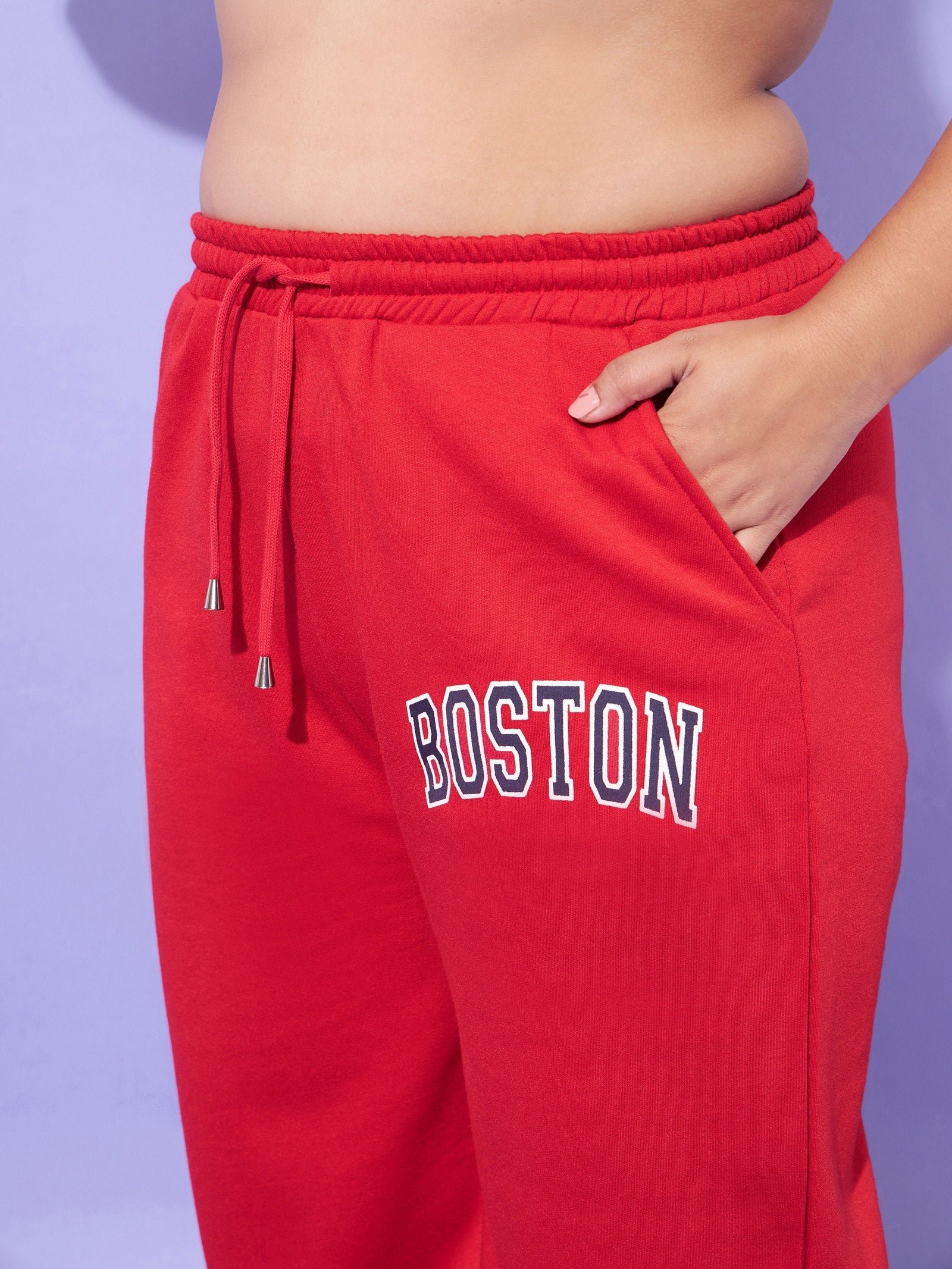 Women Red Fleece Boston Track Pants
