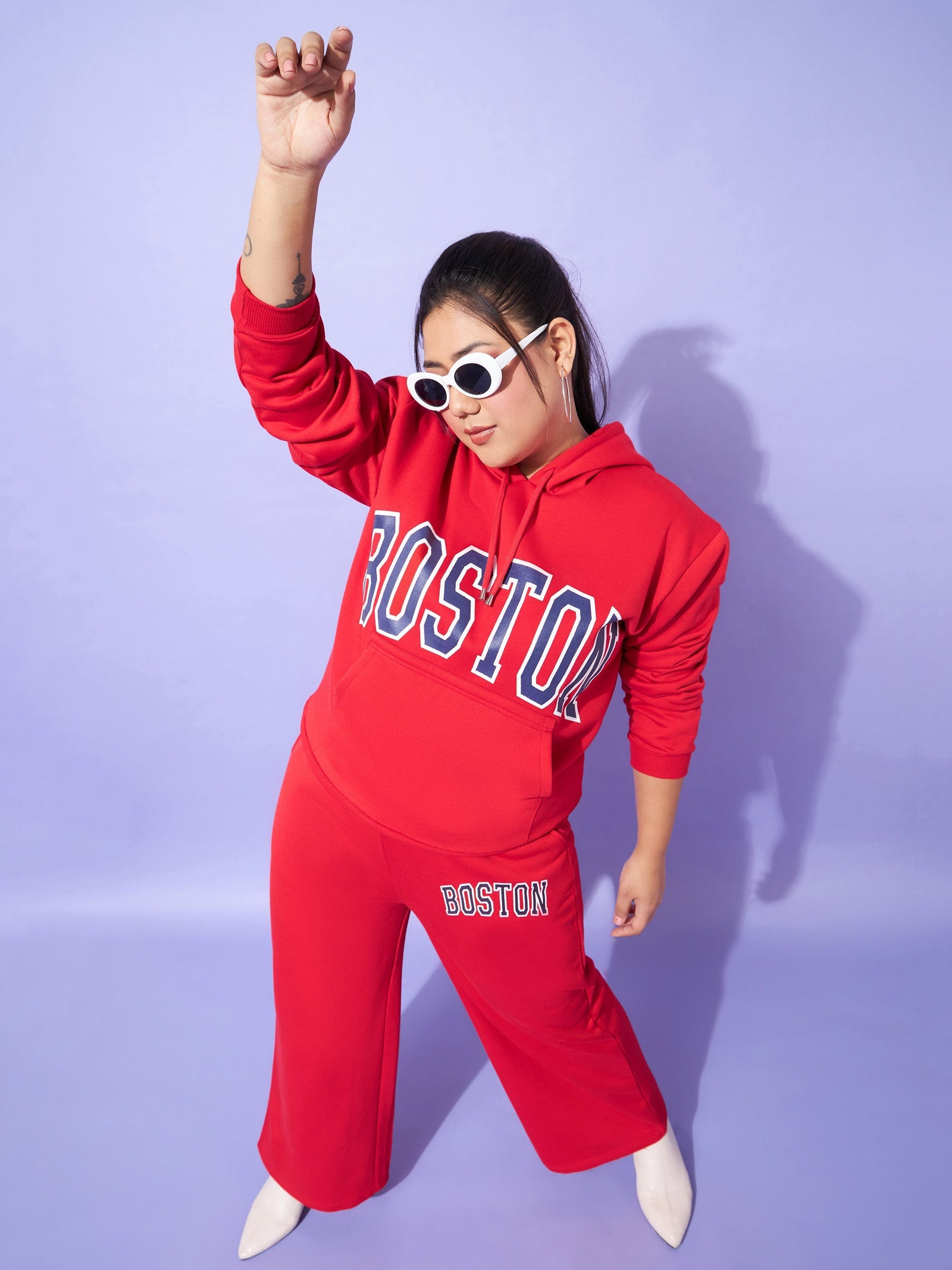 Women Red Fleece Boston Track Pants