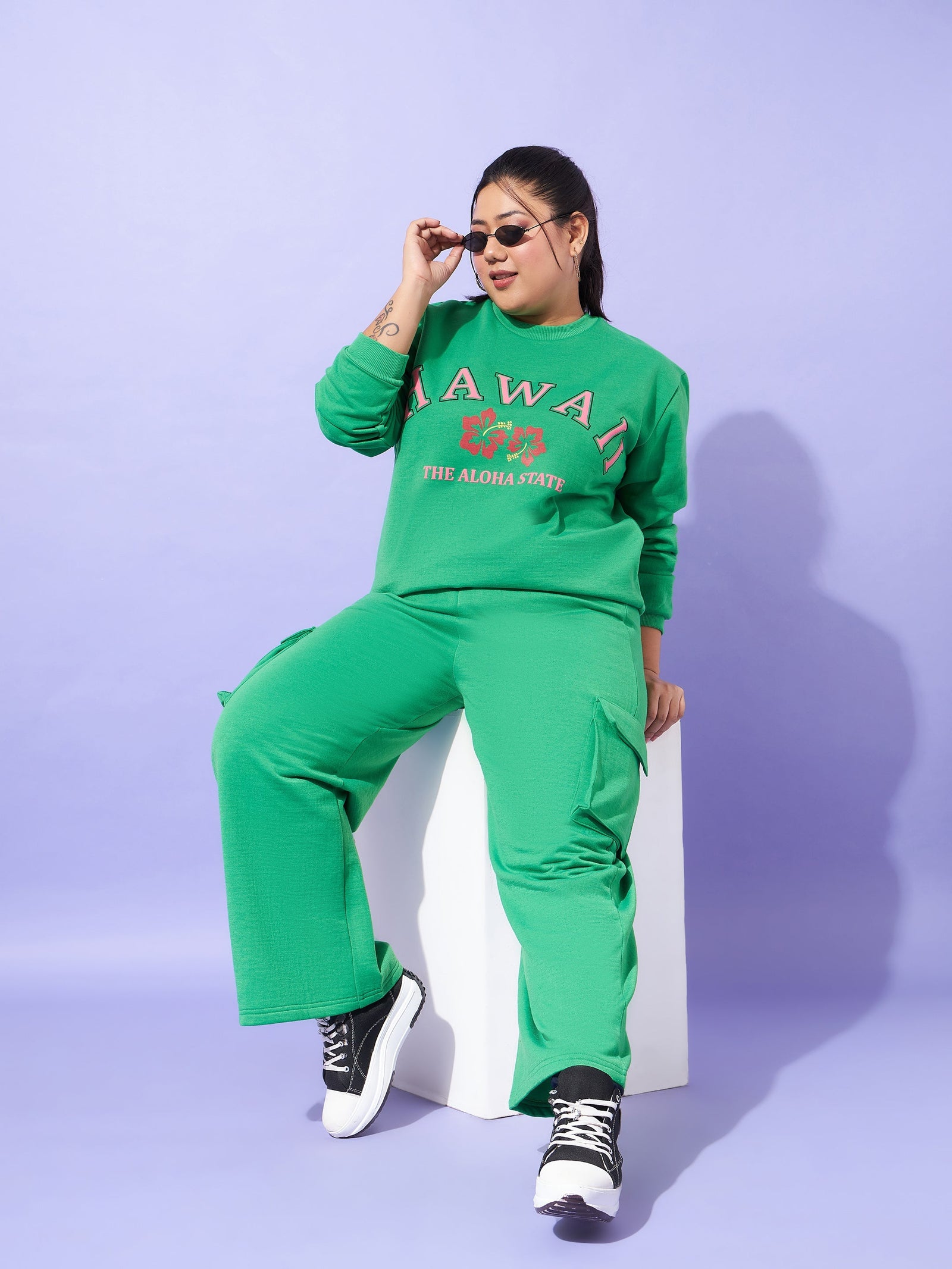Women Green Fleece Cargo Track Pants