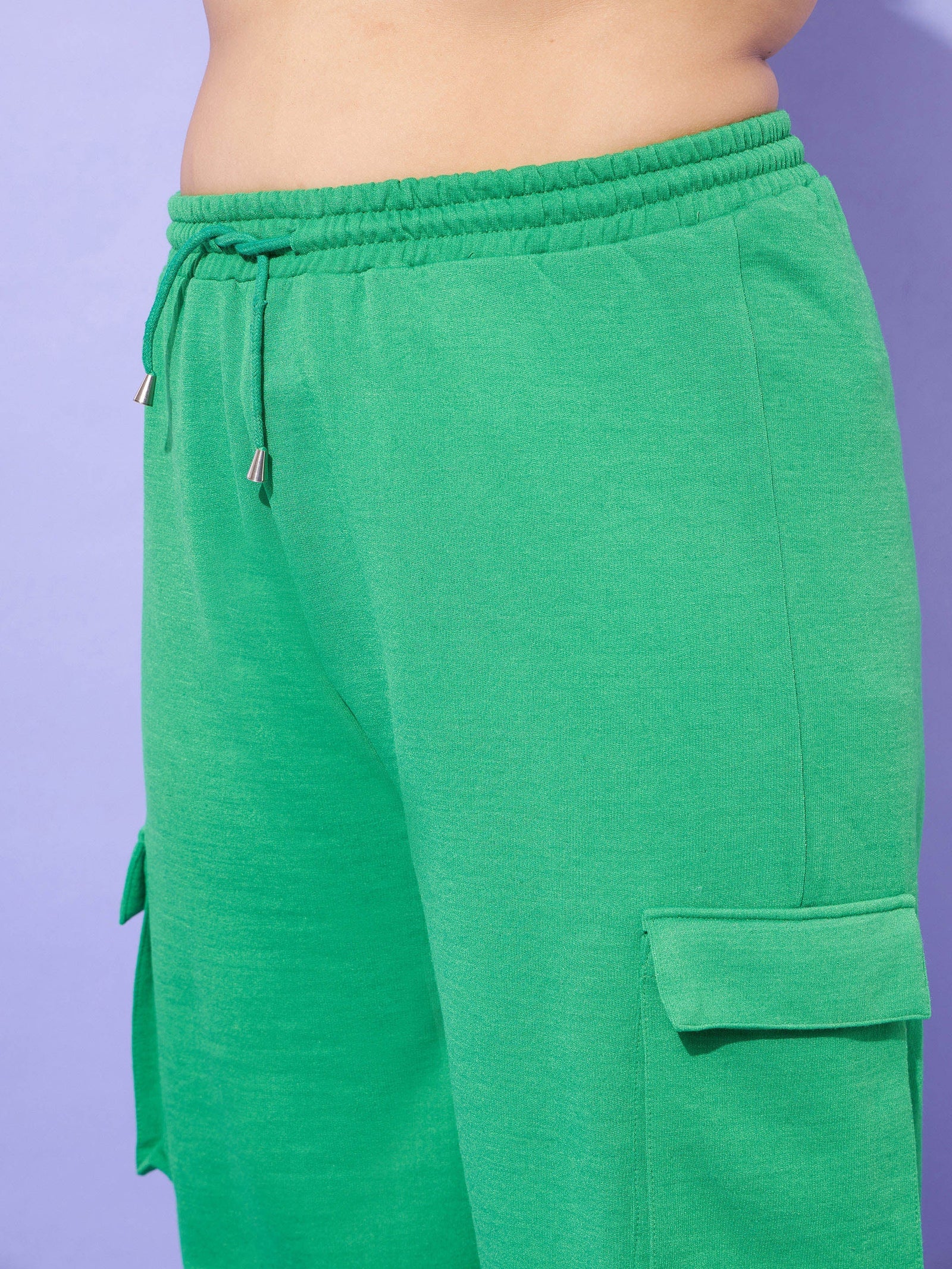 Women Green Fleece Cargo Track Pants