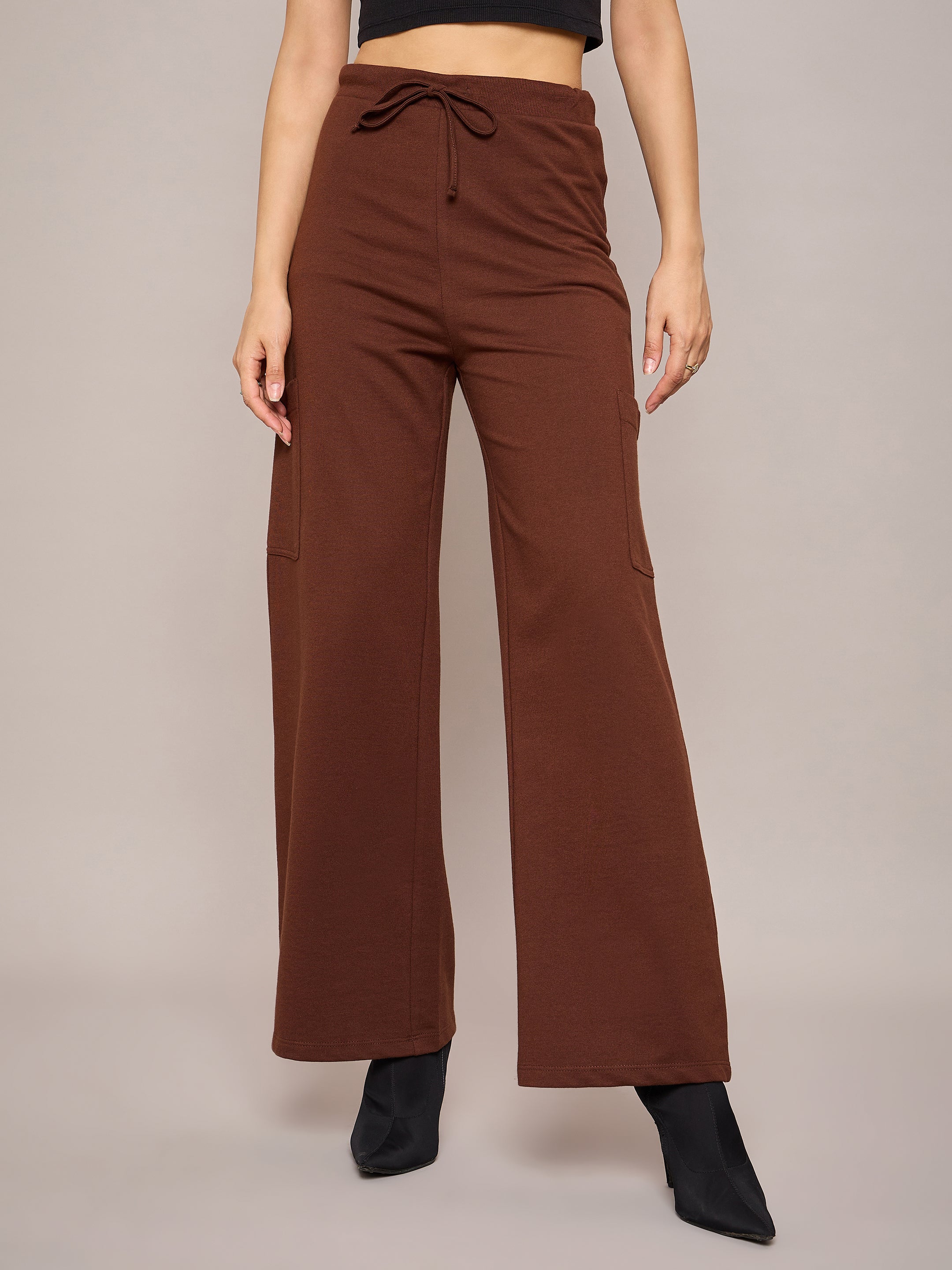 Women Brown Terry Wide Leg Track Pants