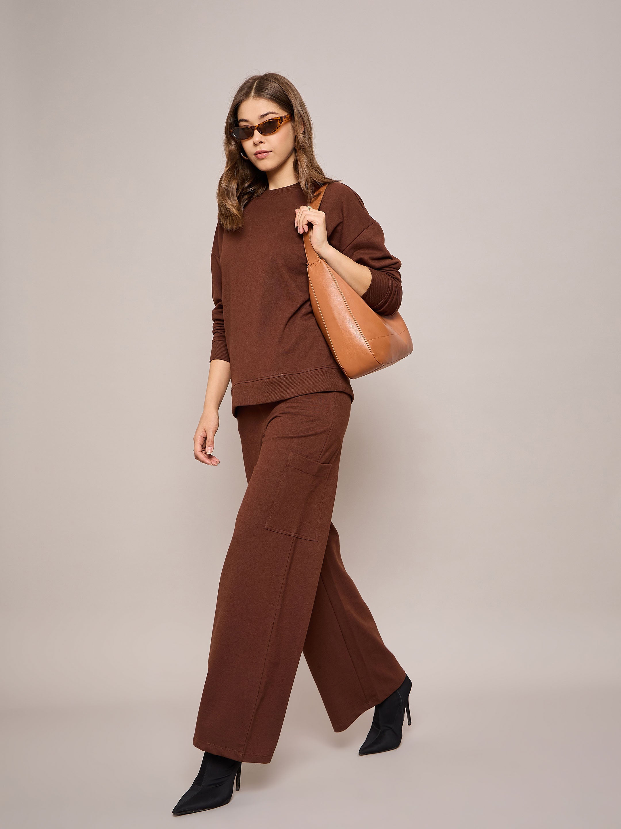 Women Brown Terry Wide Leg Track Pants