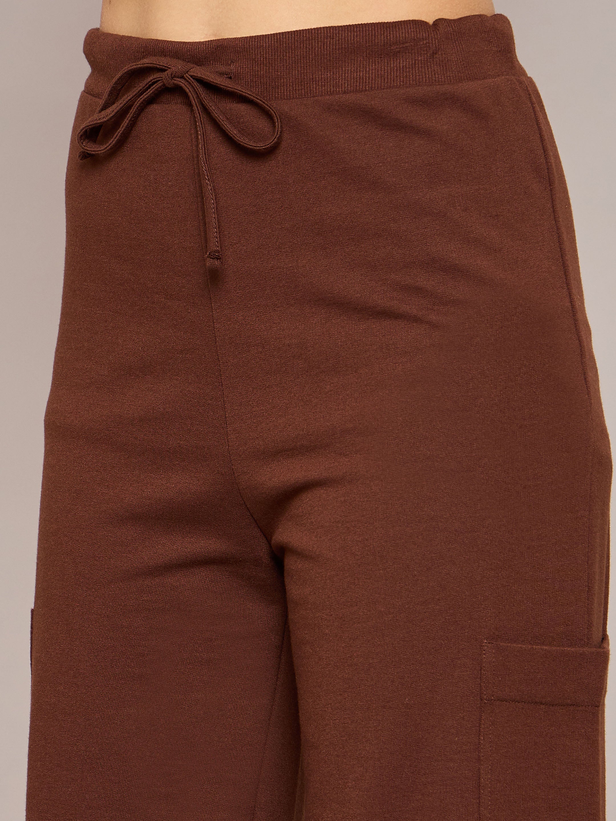 Women Brown Terry Wide Leg Track Pants