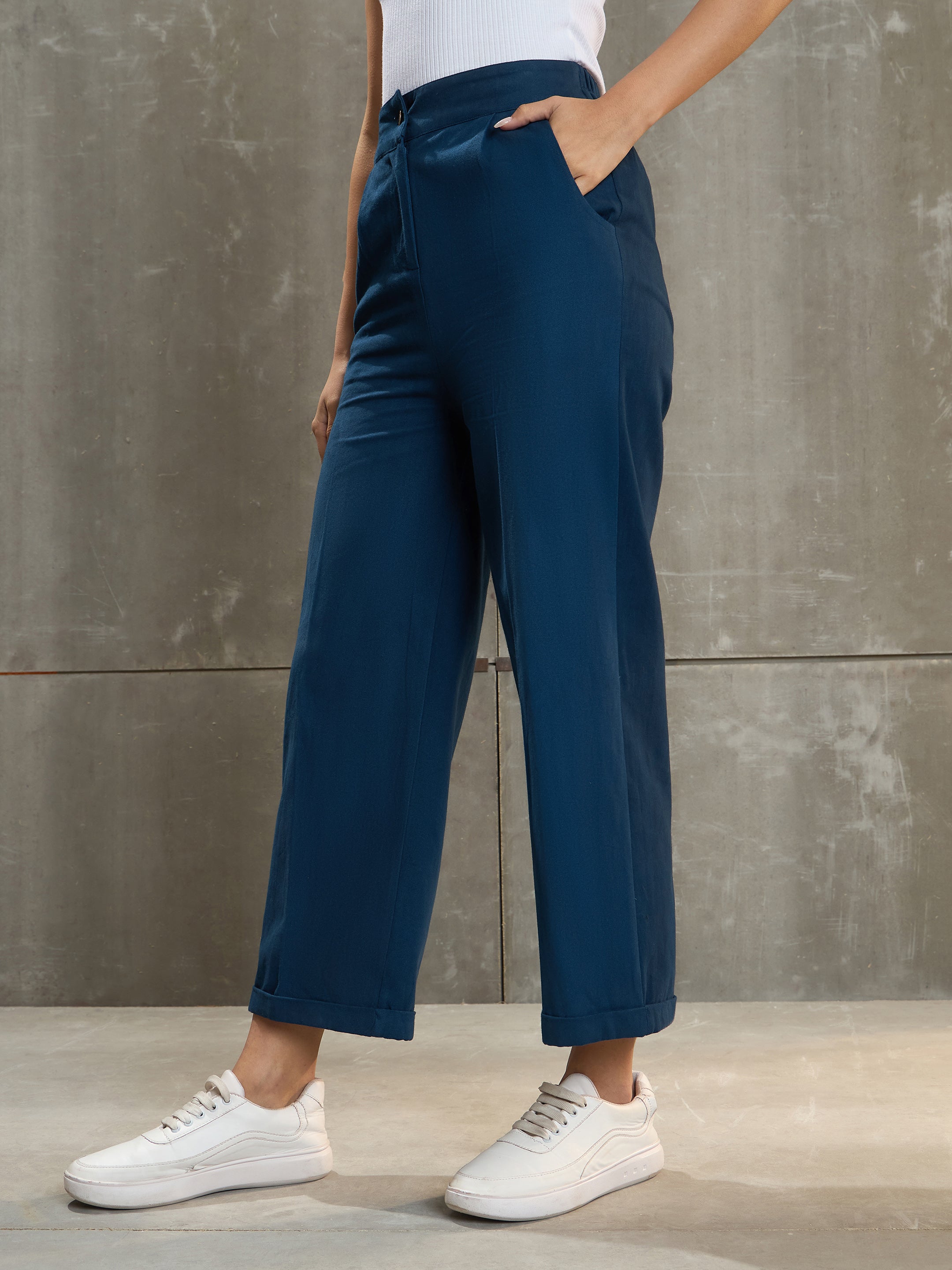 Women Navy Blue Twill Wide Leg Pants