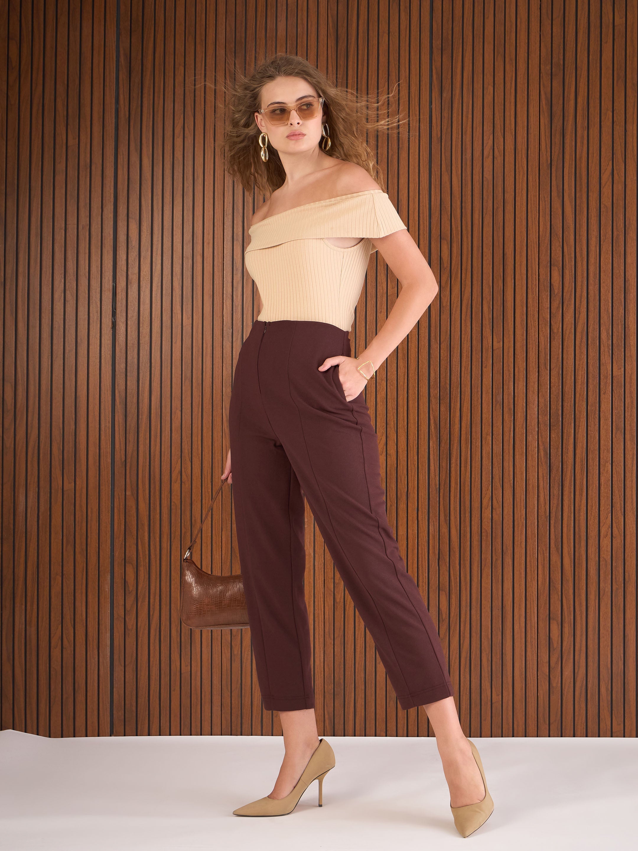Women Burgundy Front Darted High Waisted Pants