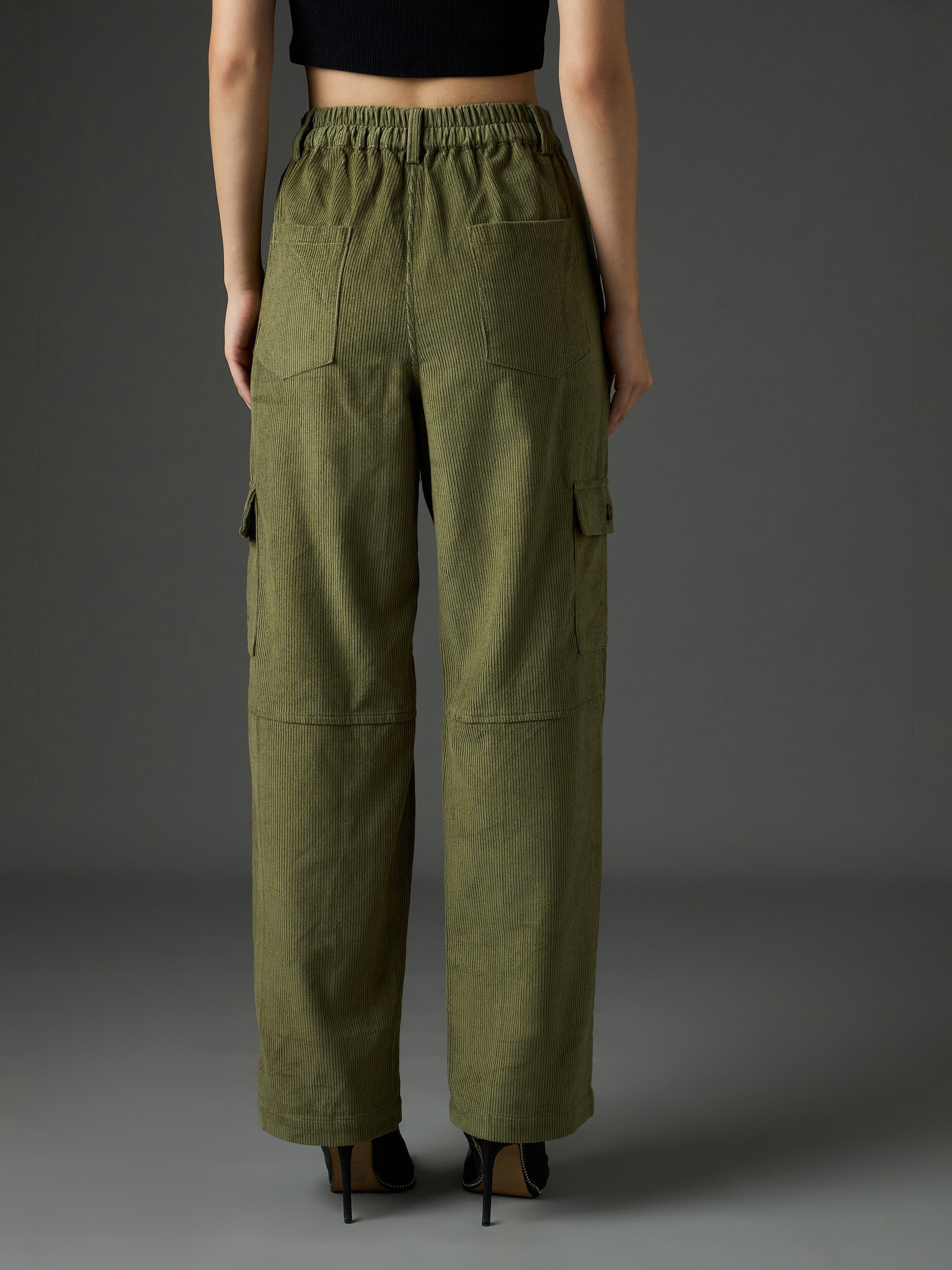 Women Olive Corduroy Straight Fit Cargo Pants
