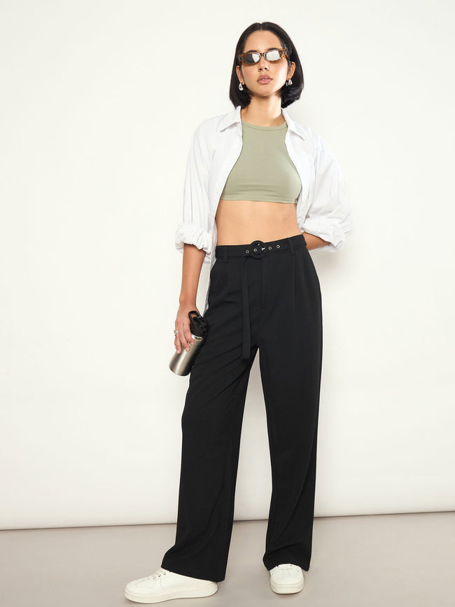 Women Black Front Pleated Belted Straight Pants