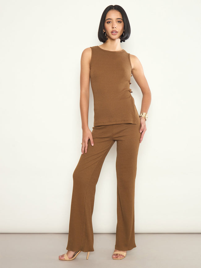 Women Tan Rib Elasticated Track Pants