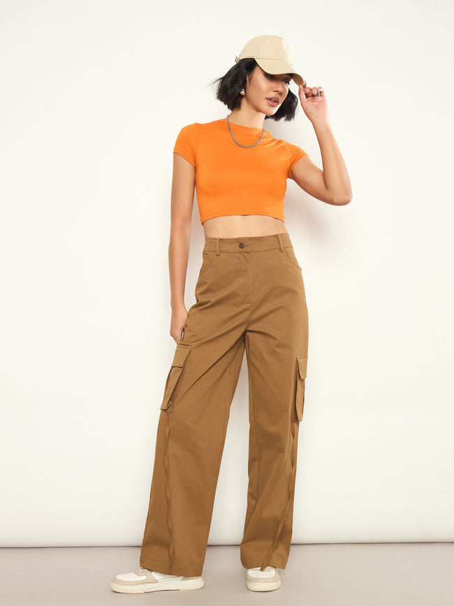 Women Brown Pocket Loop Detail Cargo Pants
