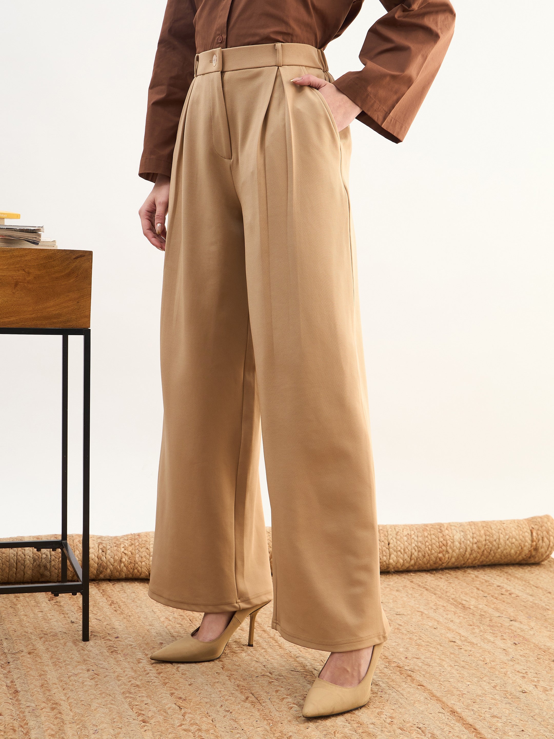 Women Beige High-Rise Inverted Box Pleat Pants