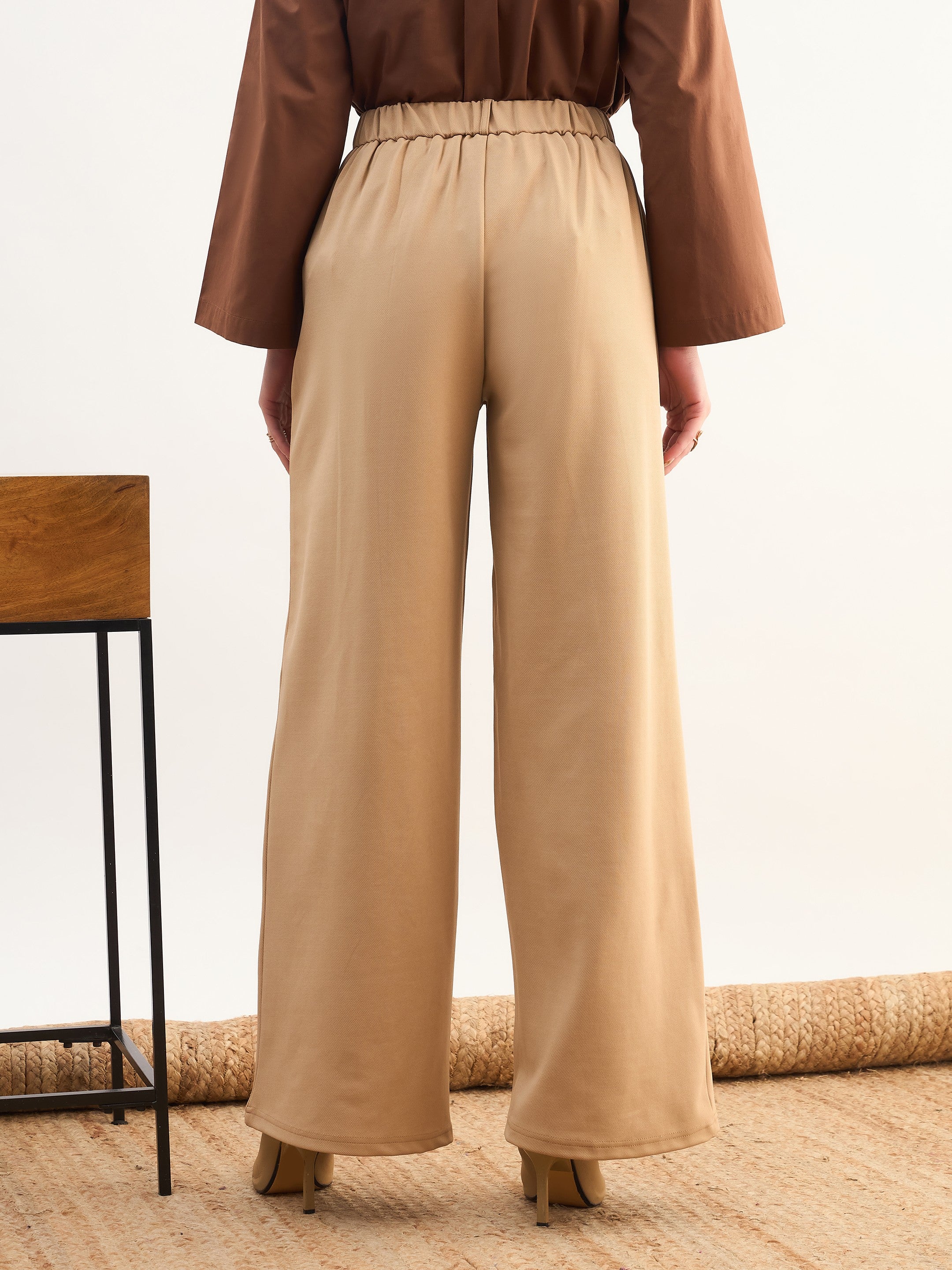 Women Beige High-Rise Inverted Box Pleat Pants
