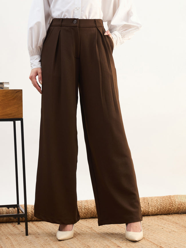 Women Coffee Brown High-Rise Inverted Box Pleat Pants
