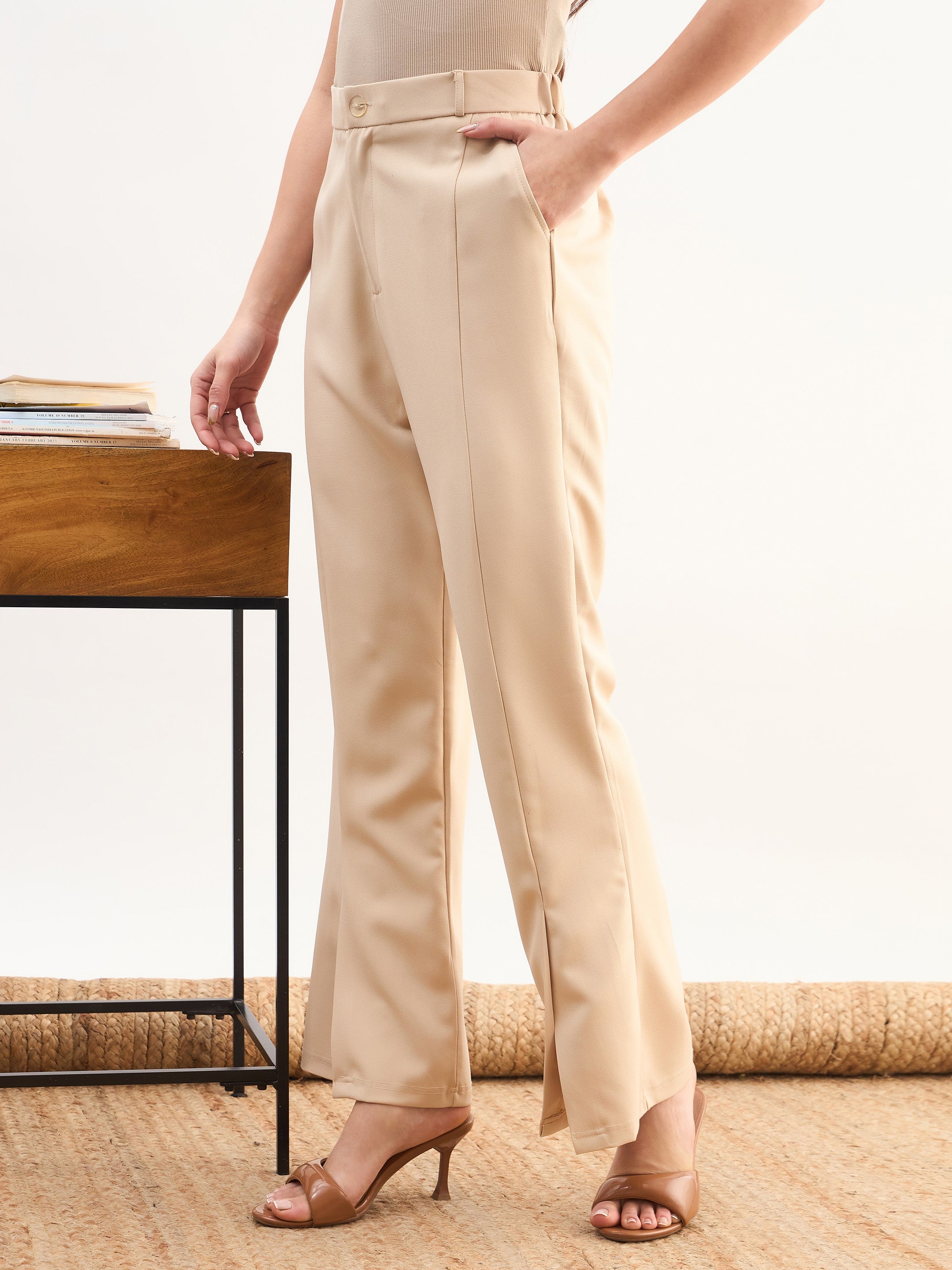 Women Beige Front Slit Bellbottom Pants