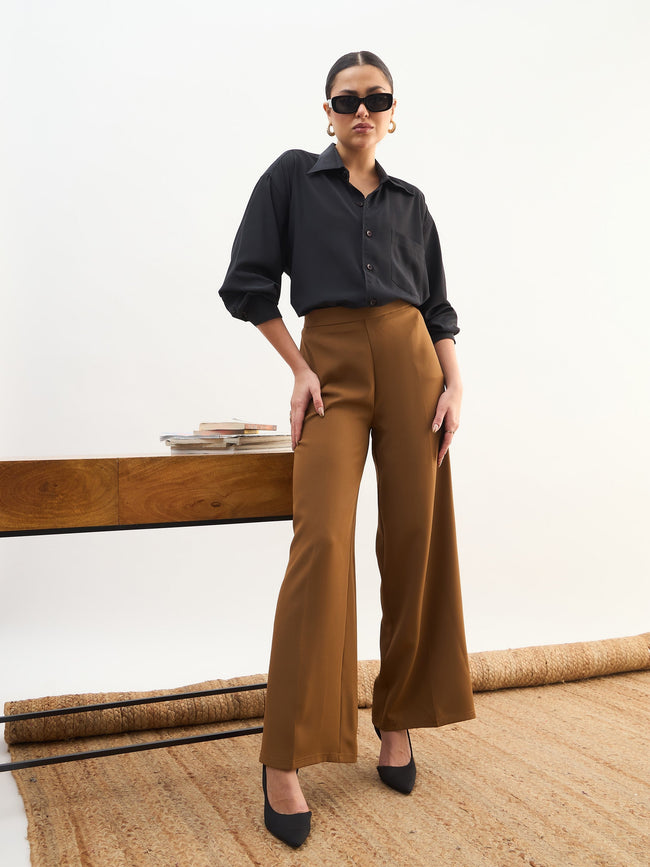 Women Tan Brown Elasticated Straight Fit Pants