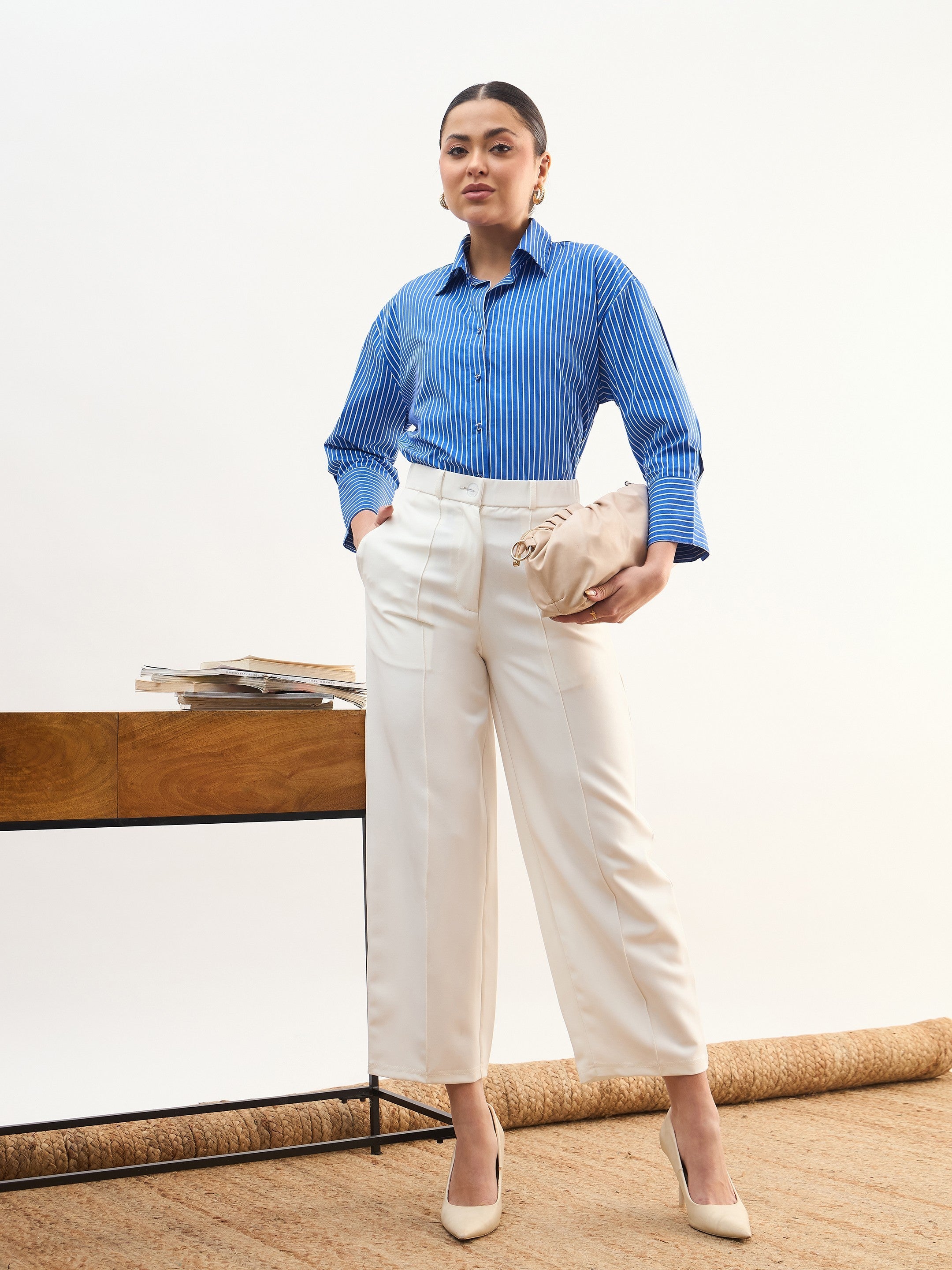 Women White Darted Slouchy Pants