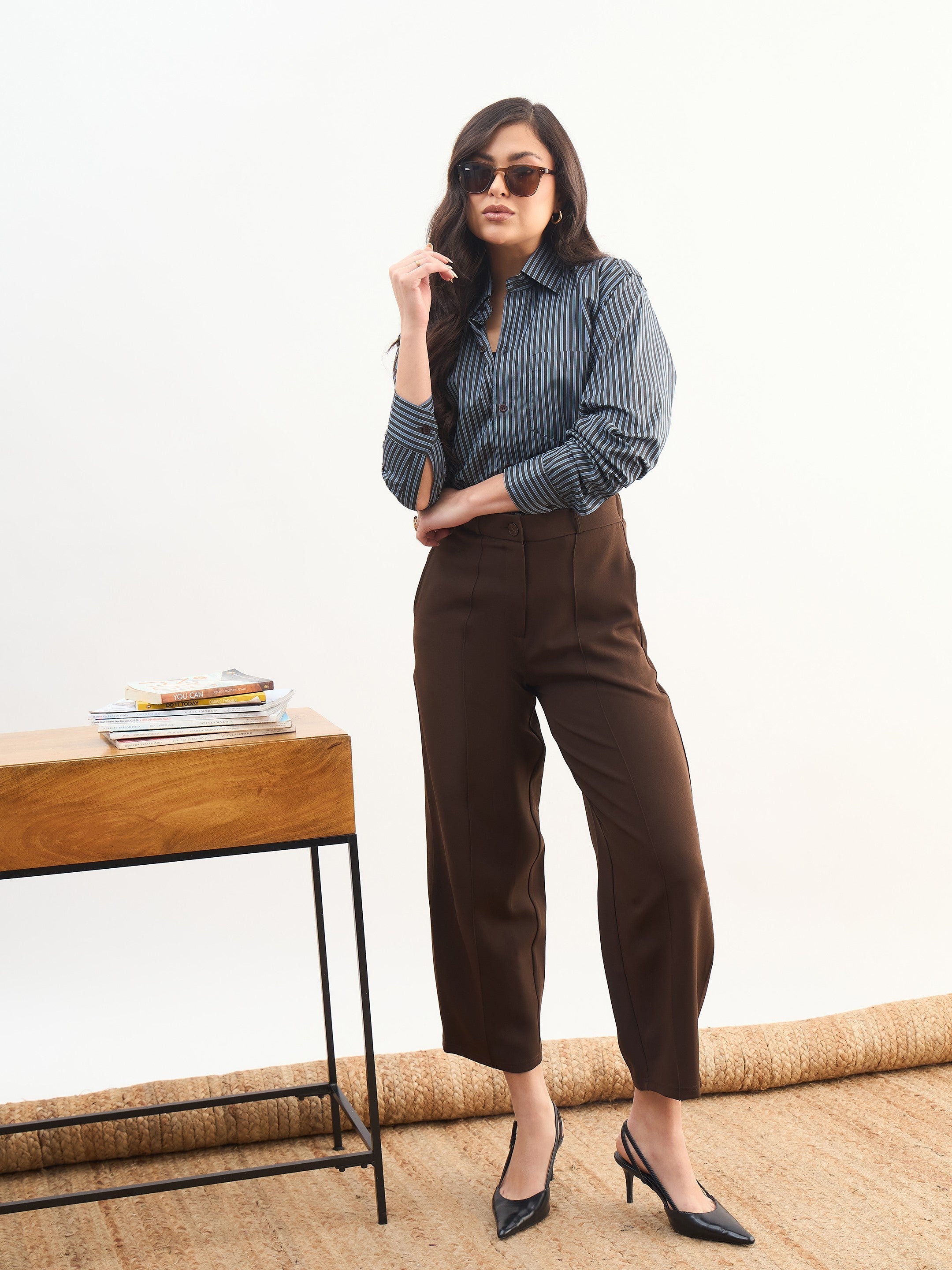 Women Coffee Brown Darted Slouchy Pants