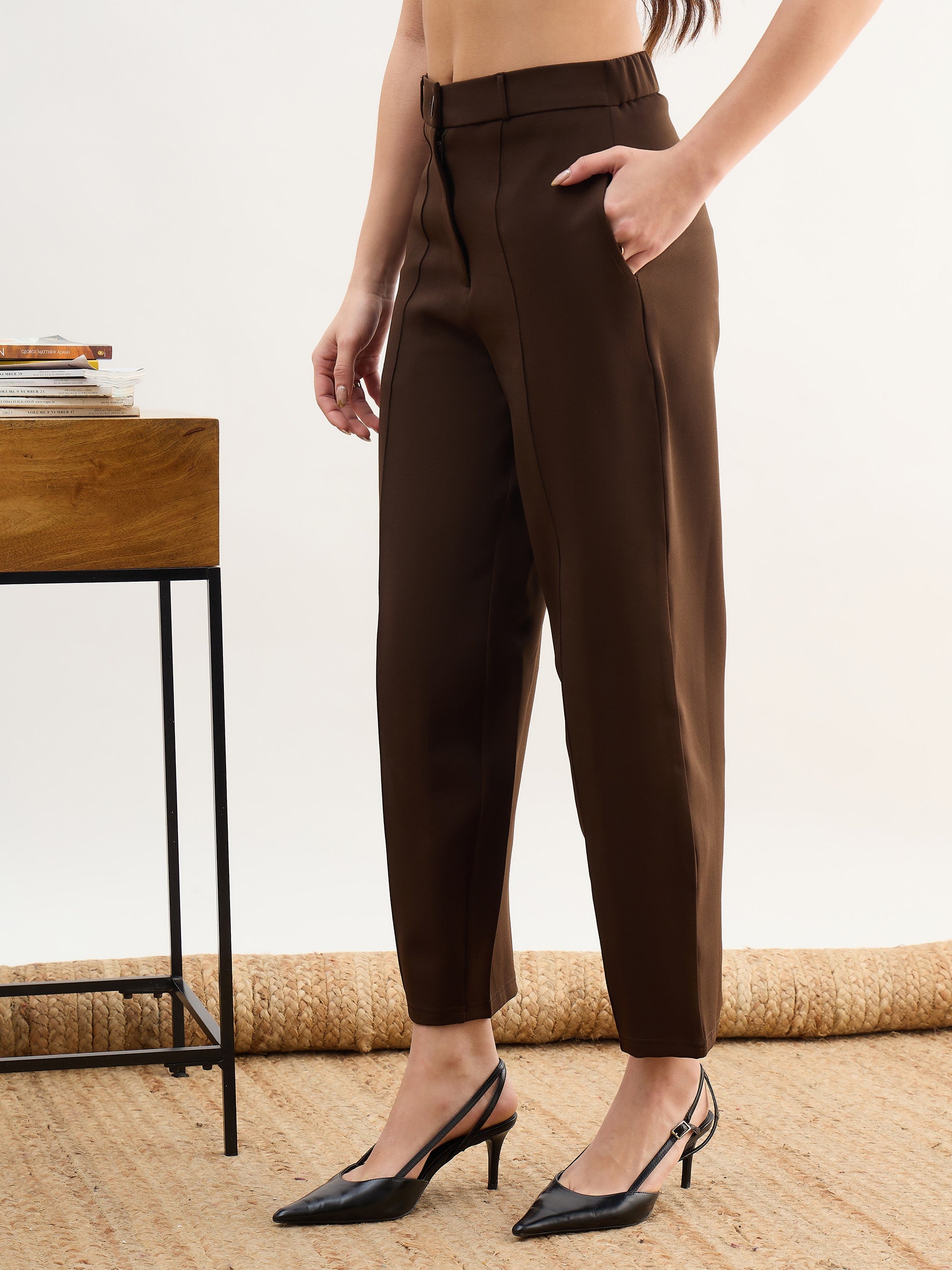 Women Coffee Brown Darted Slouchy Pants