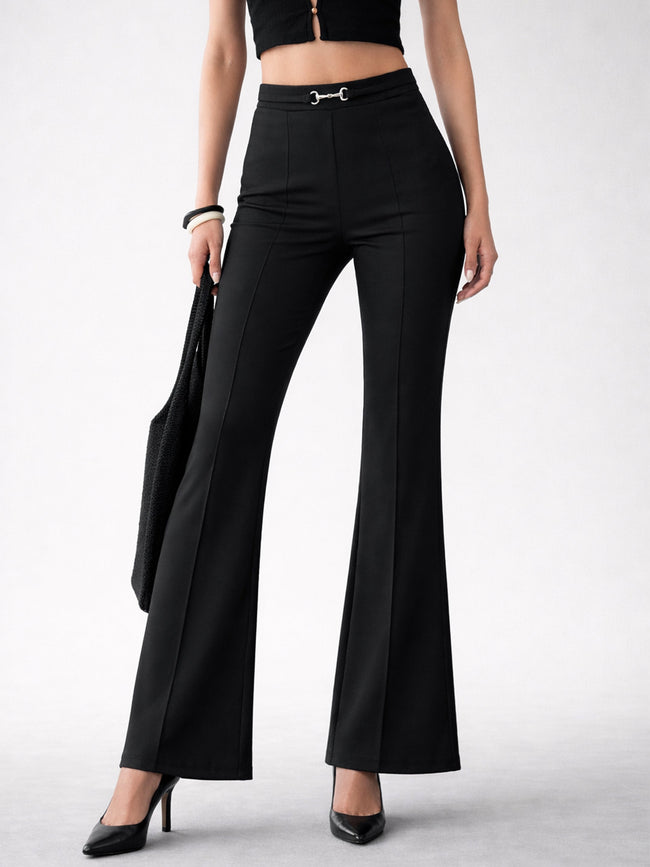 Women Black Front Metal Trim Bell Bottom Pants