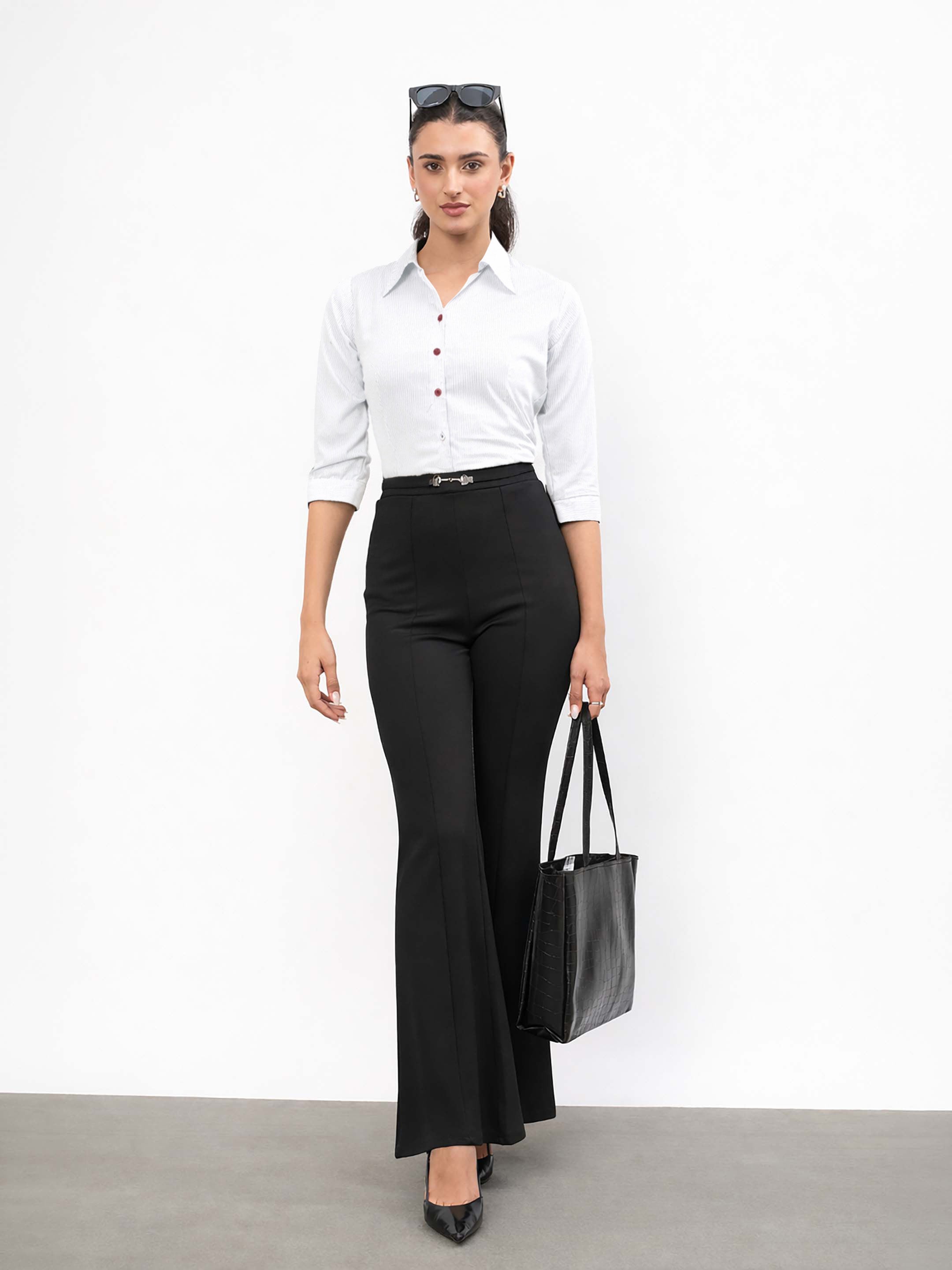 Women Black Front Metal Trim Bell Bottom Pants
