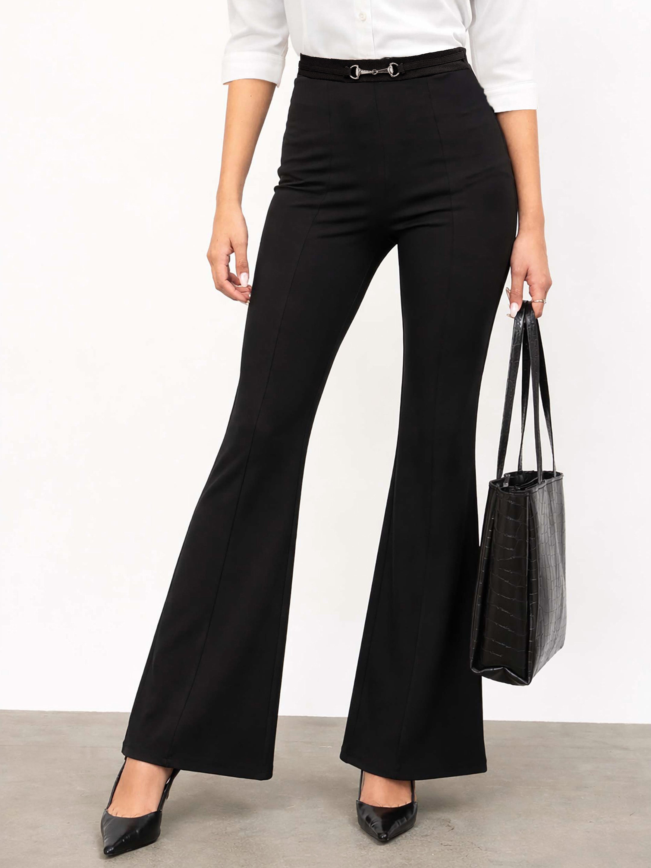 Women Black Front Metal Trim Bell Bottom Pants