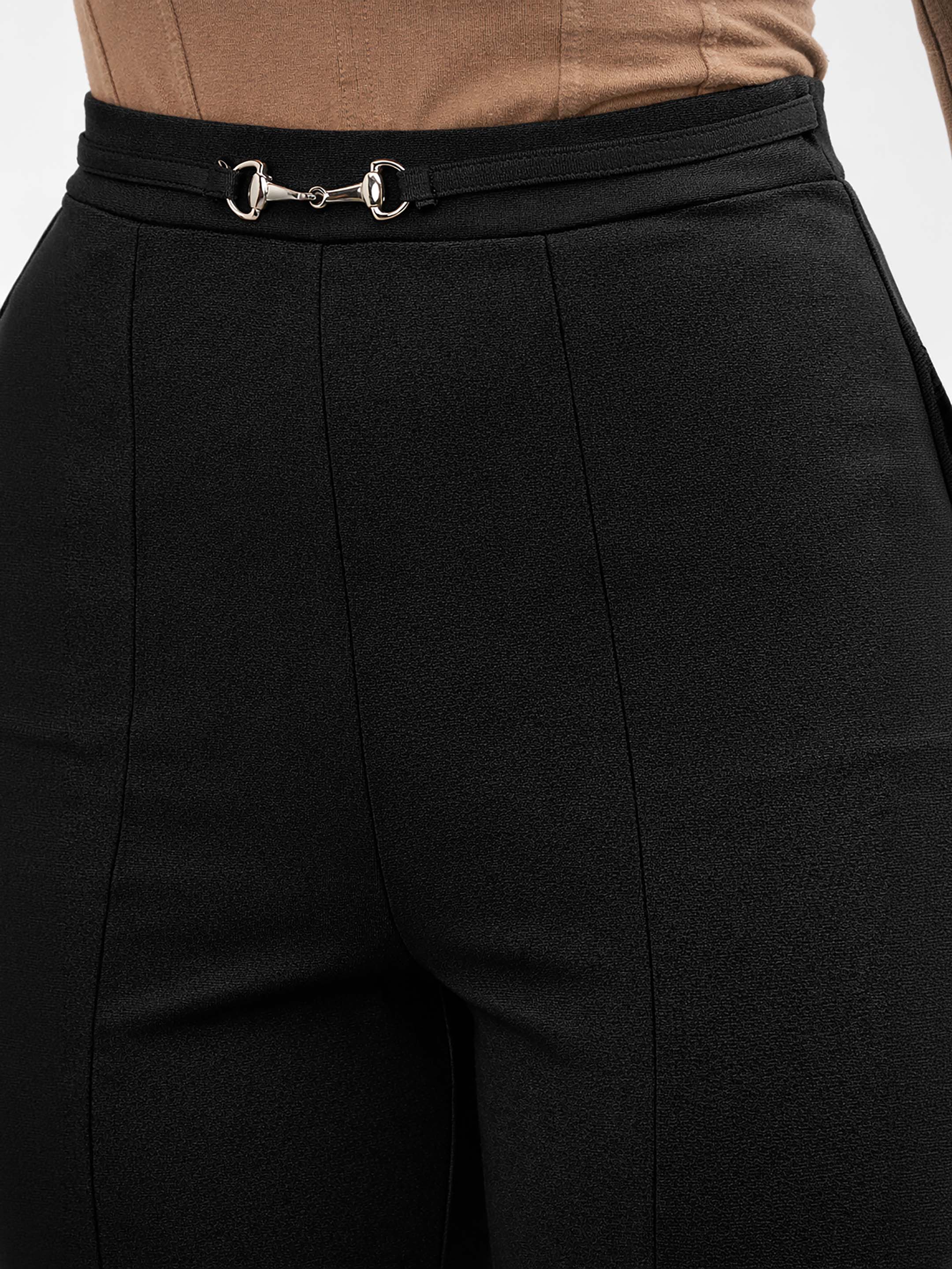 Women Black Front Metal Trim Bell Bottom Pants