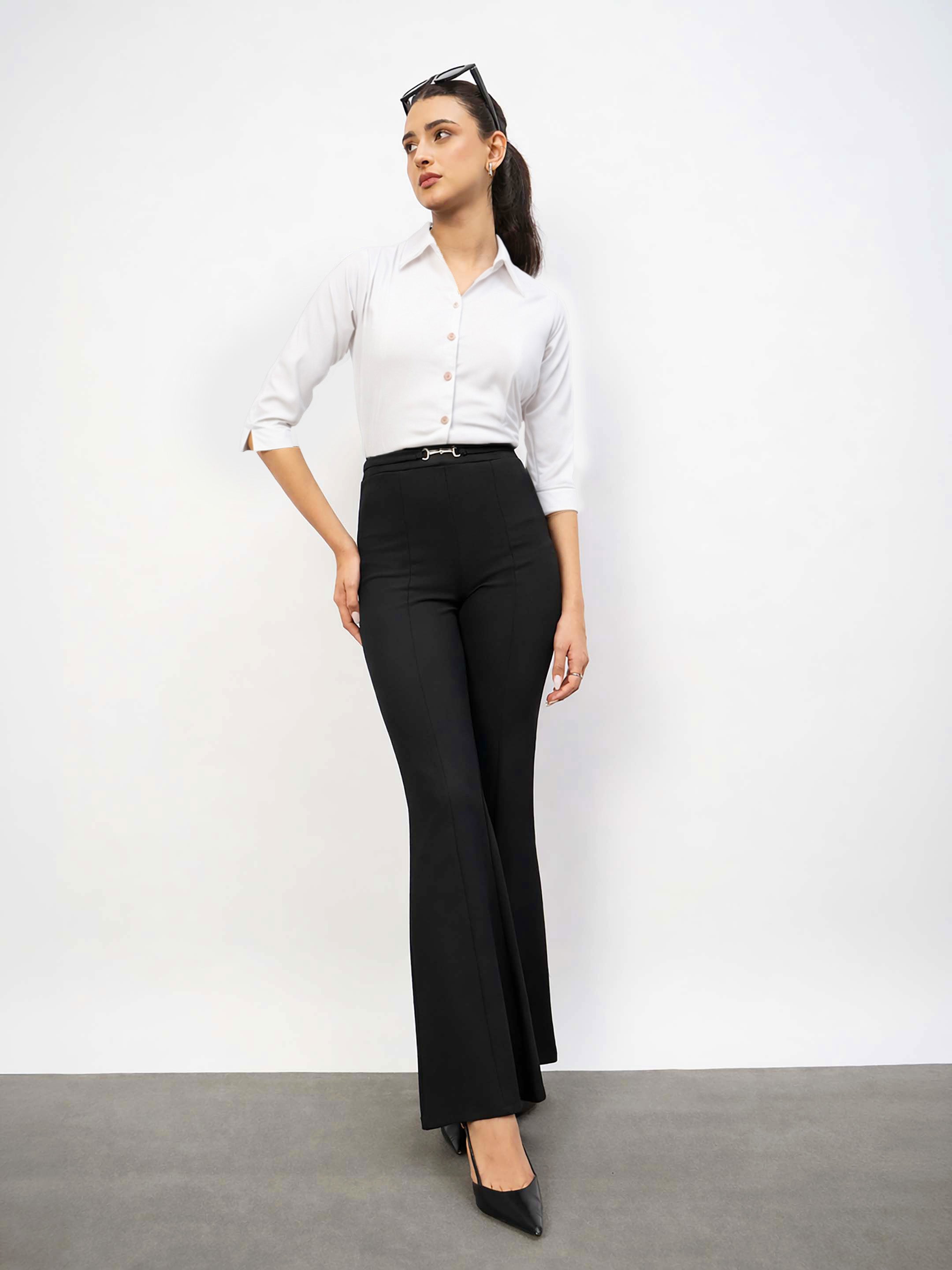 Women Black Front Metal Trim Bell Bottom Pants