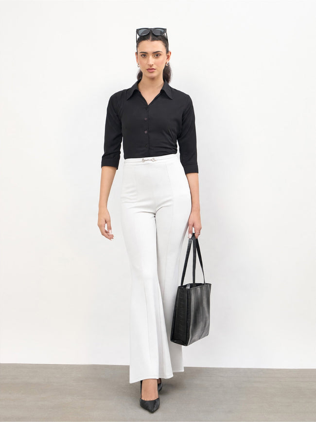 Women White Front Metal Trim Bell Bottom Pants