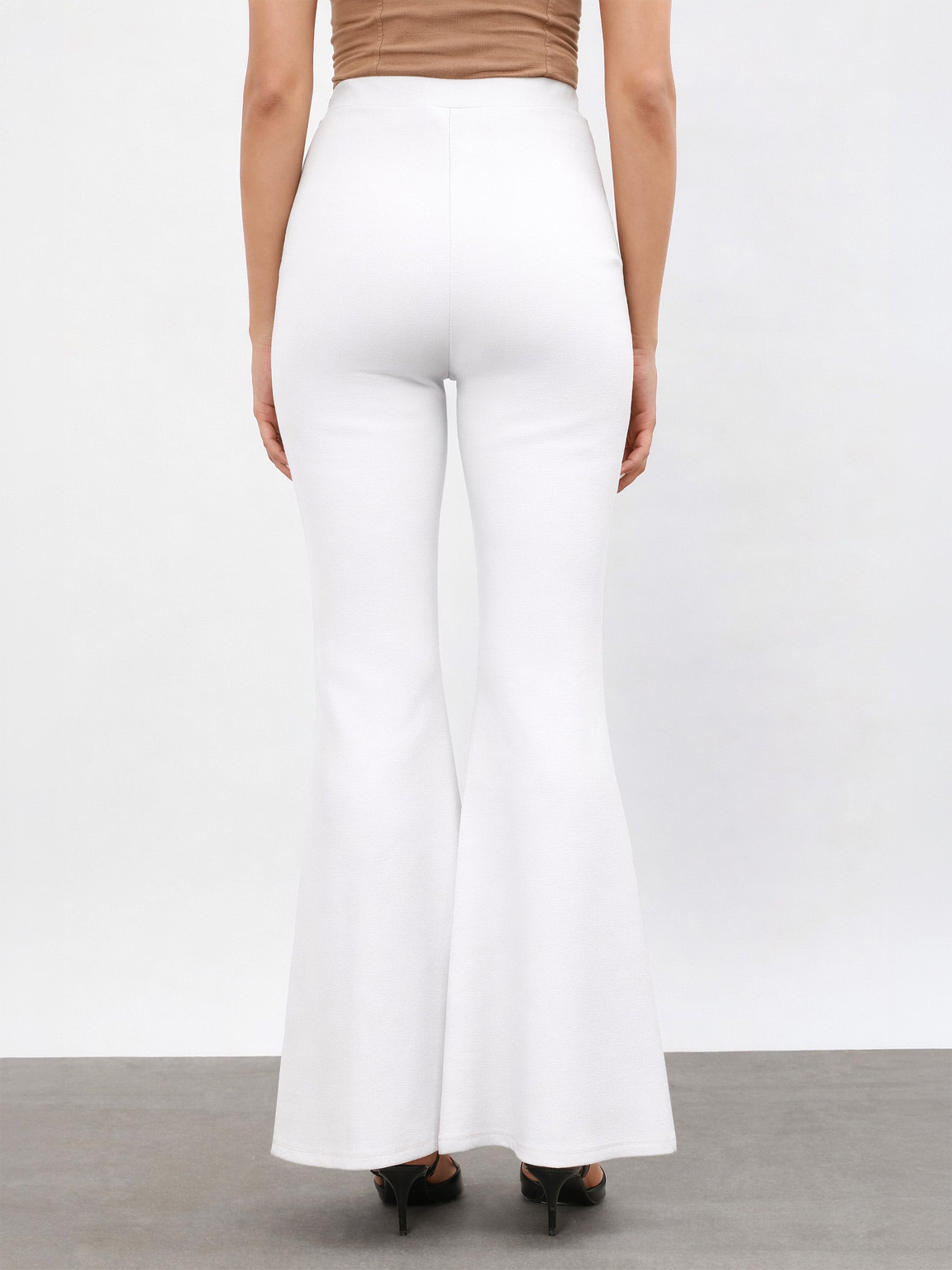Women White Front Metal Trim Bell Bottom Pants