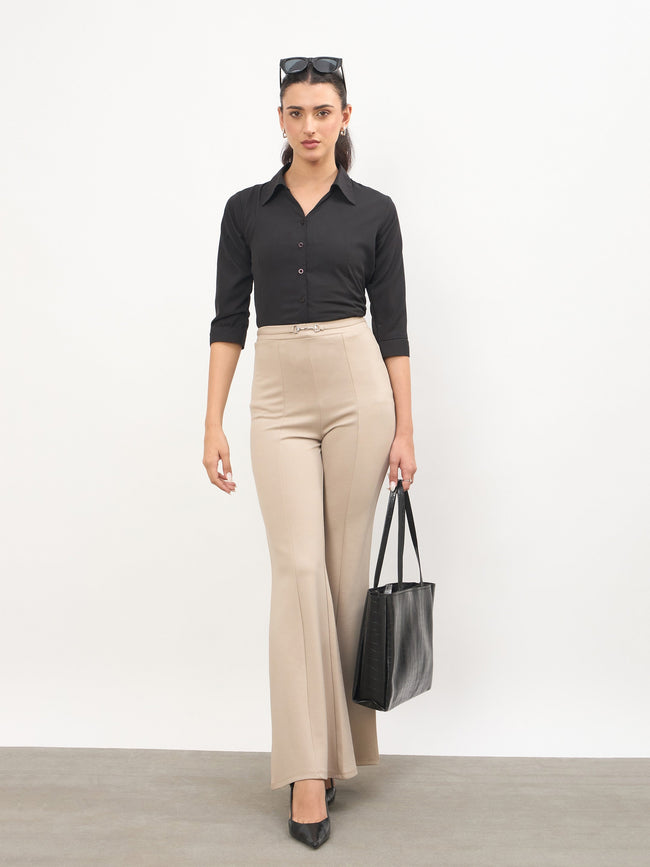 Women Beige Front Metal Trim Bell Bottom Pants