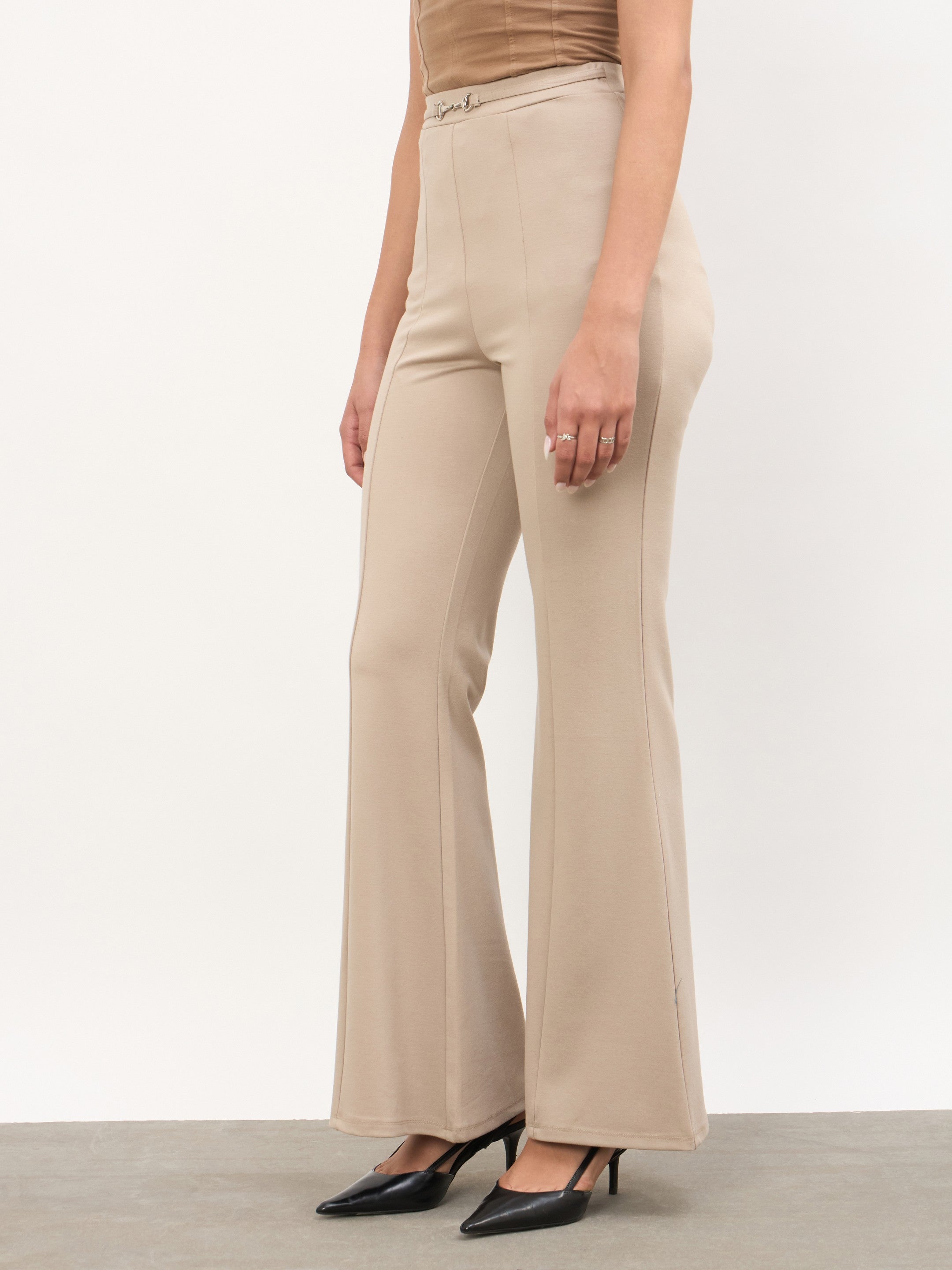 Women Beige Front Metal Trim Bell Bottom Pants