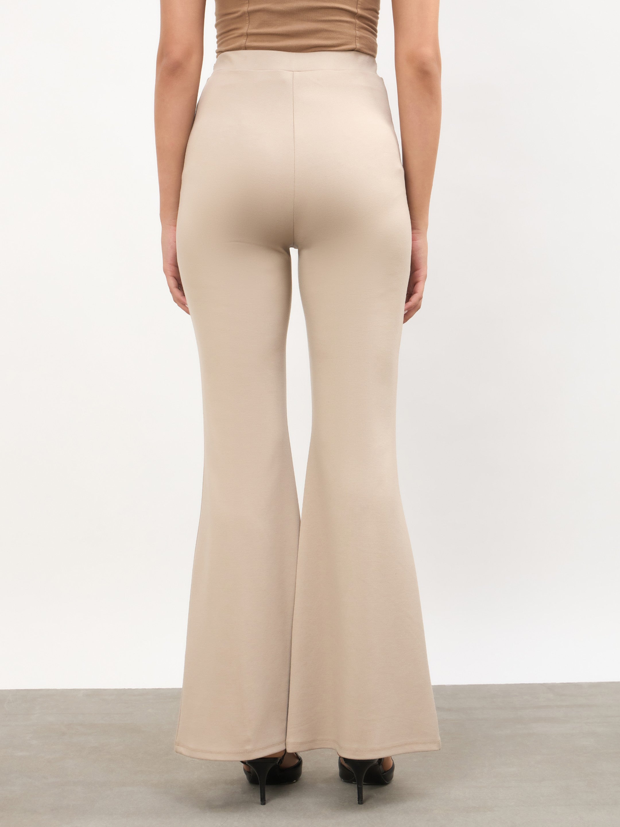 Women Beige Front Metal Trim Bell Bottom Pants