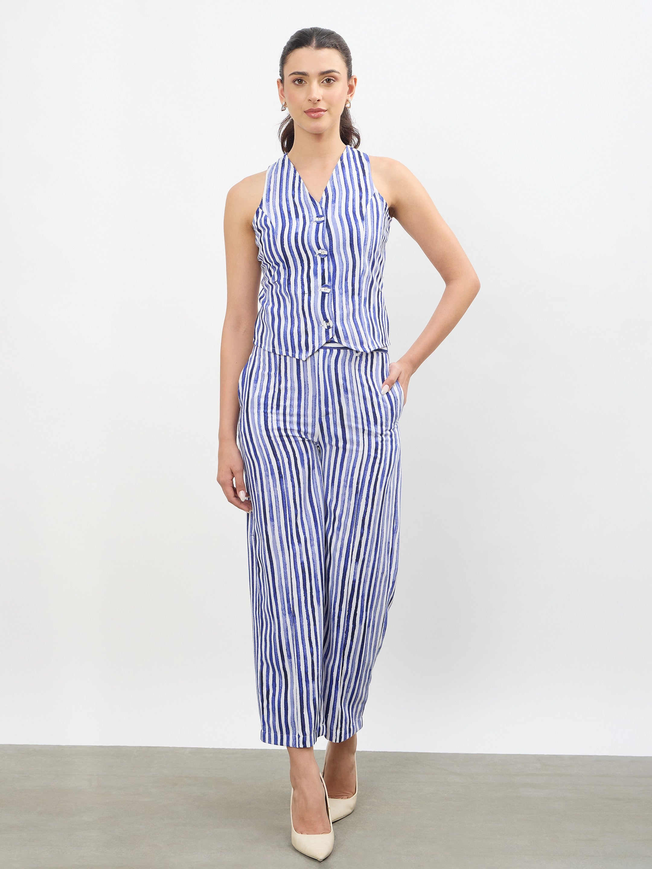 Women Blue Linen Striped Darted Slouchy Pants