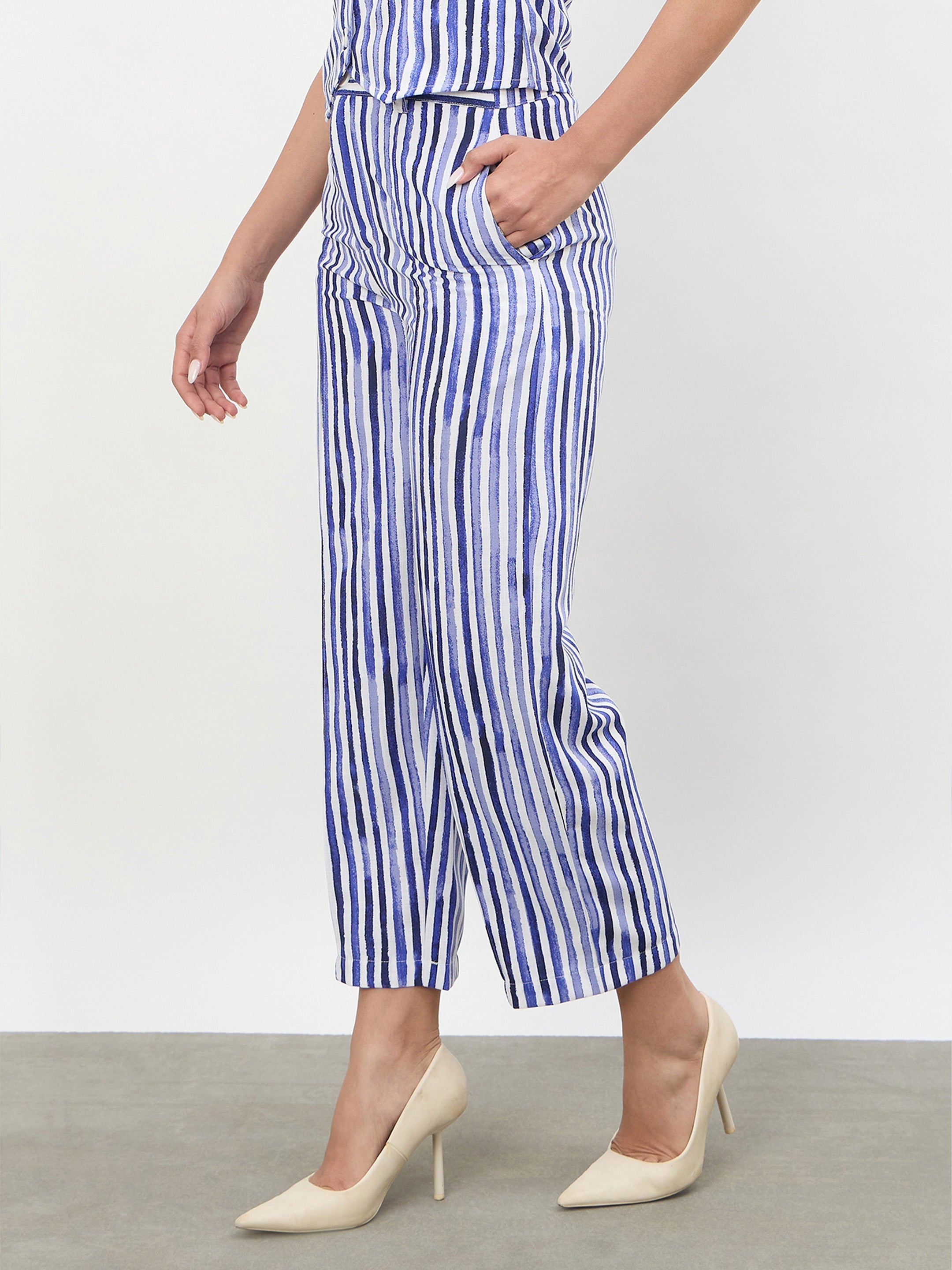 Women Blue Linen Striped Darted Slouchy Pants