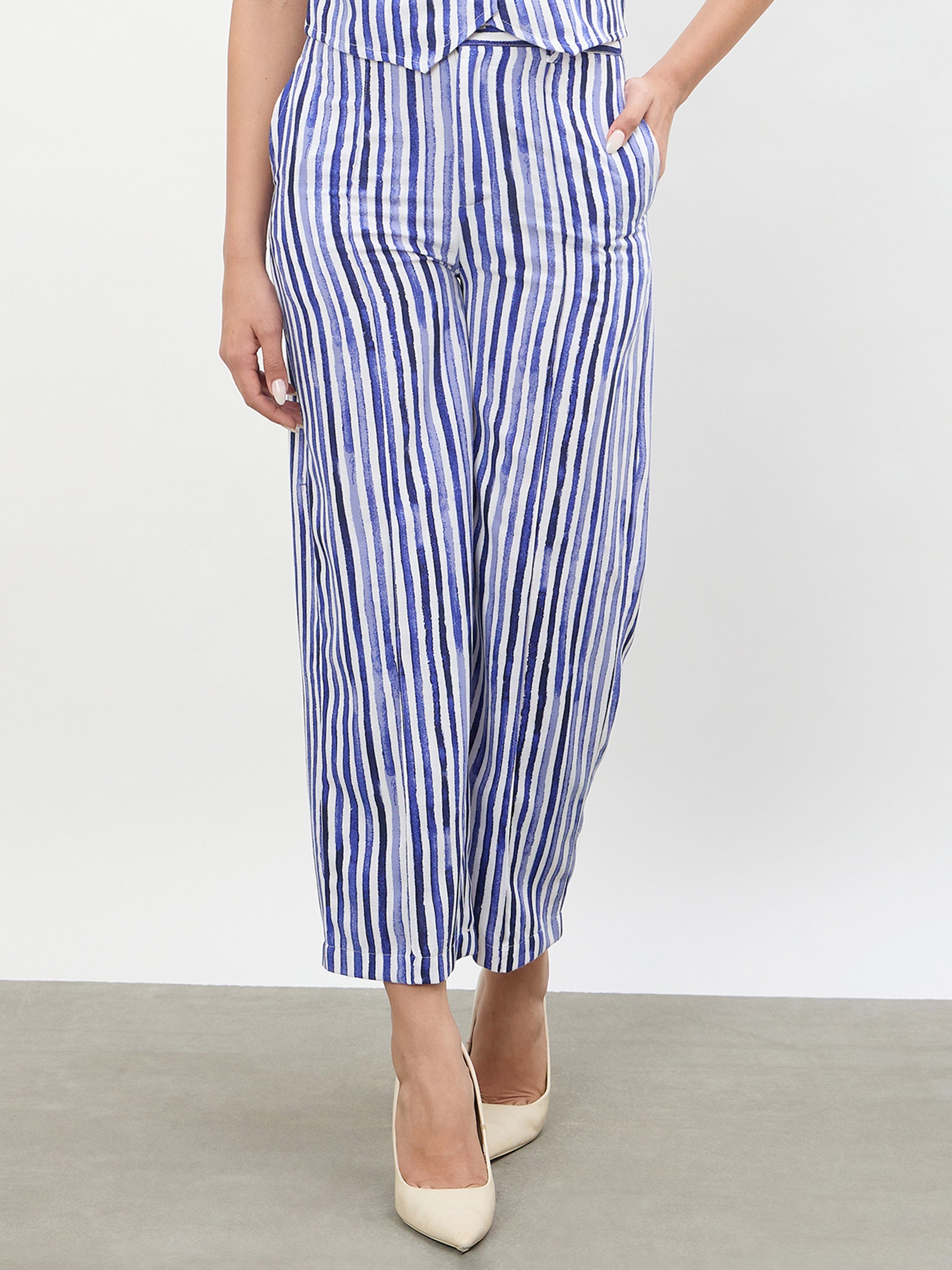 Women Blue Linen Striped Darted Slouchy Pants