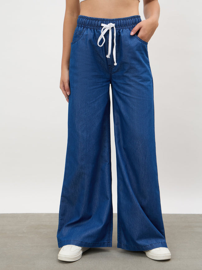 Women Navy Elasticated Tencel Straight Pants