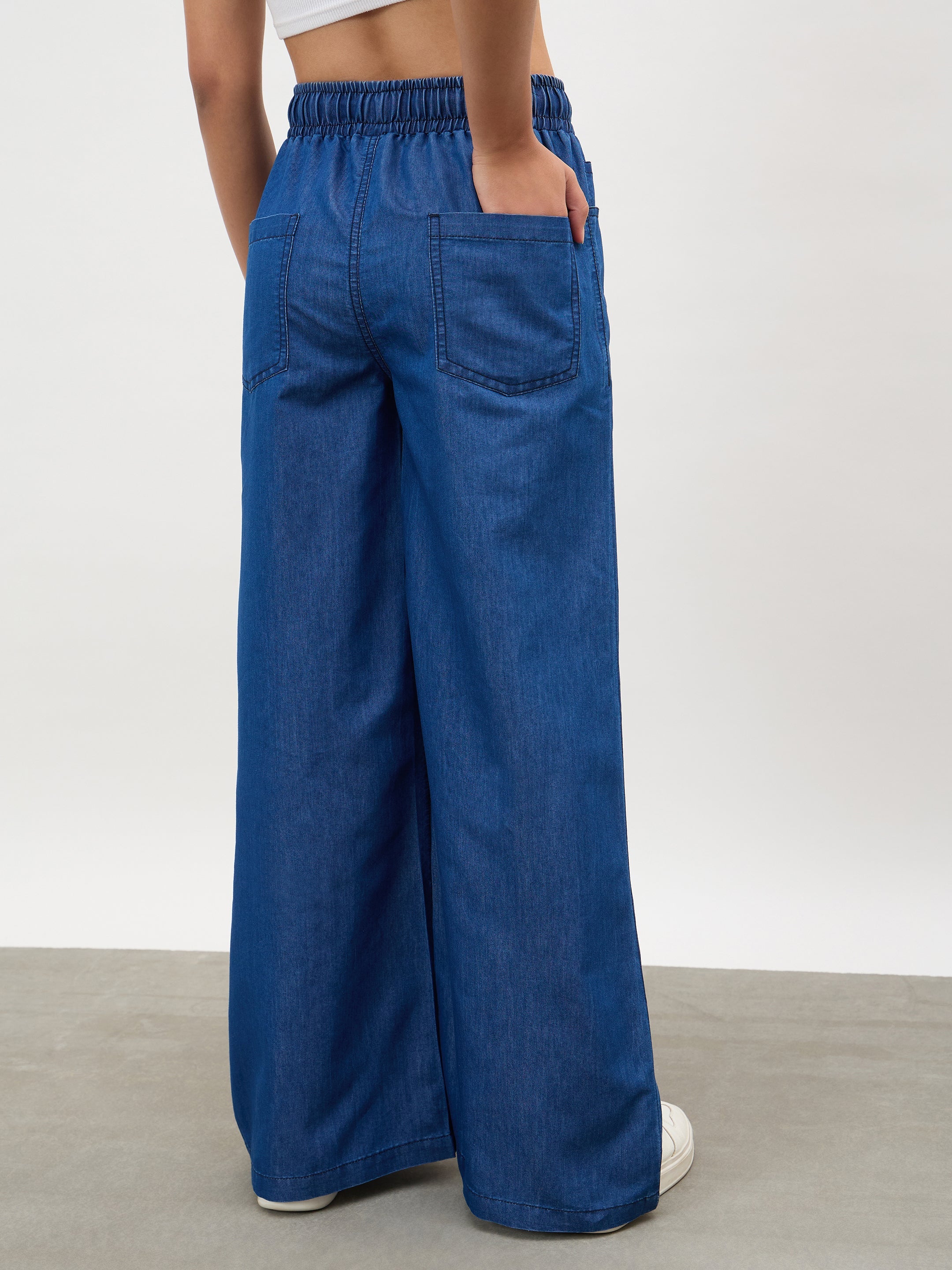 Women Navy Elasticated Tencel Straight Pants