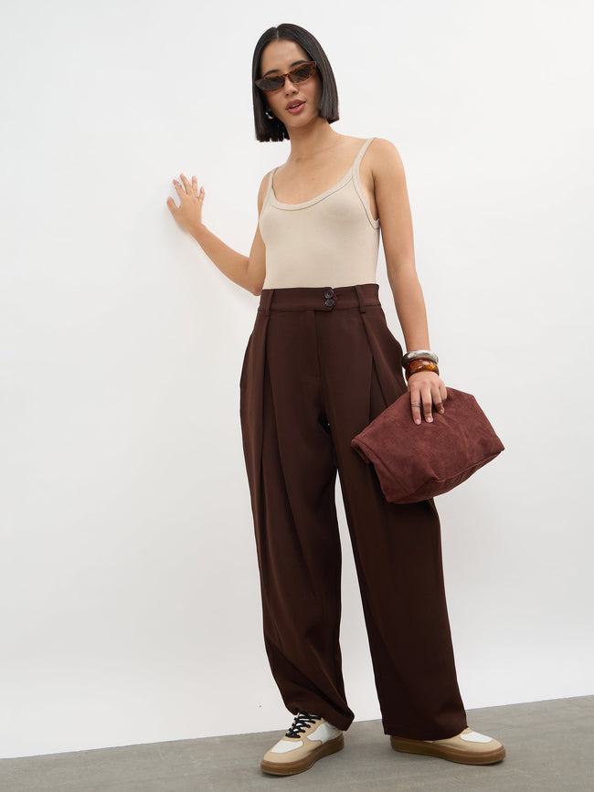 Women Dark Brown Overlapping Pleats Korean Pants