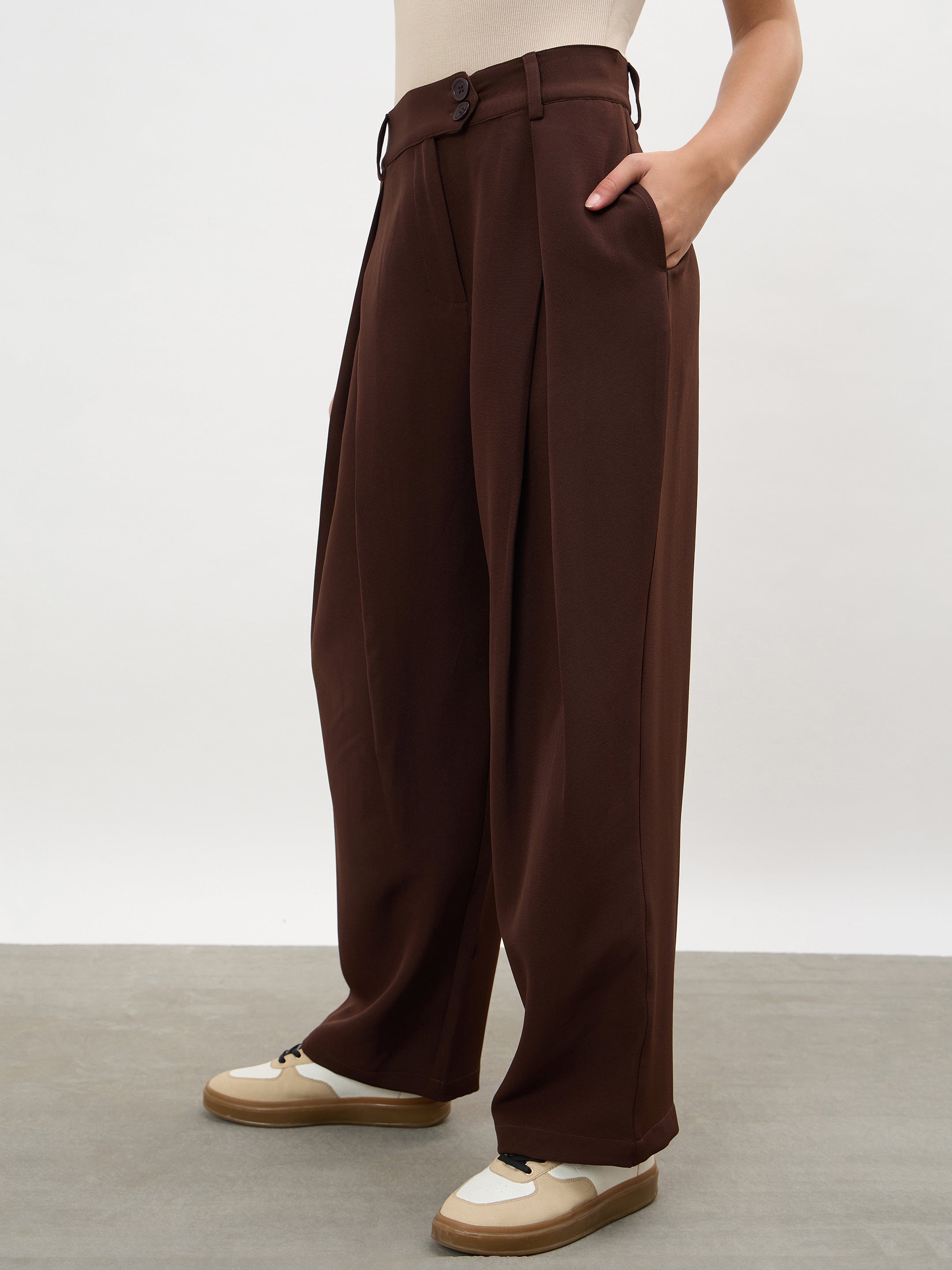Women Dark Brown Overlapping Pleats Korean Pants