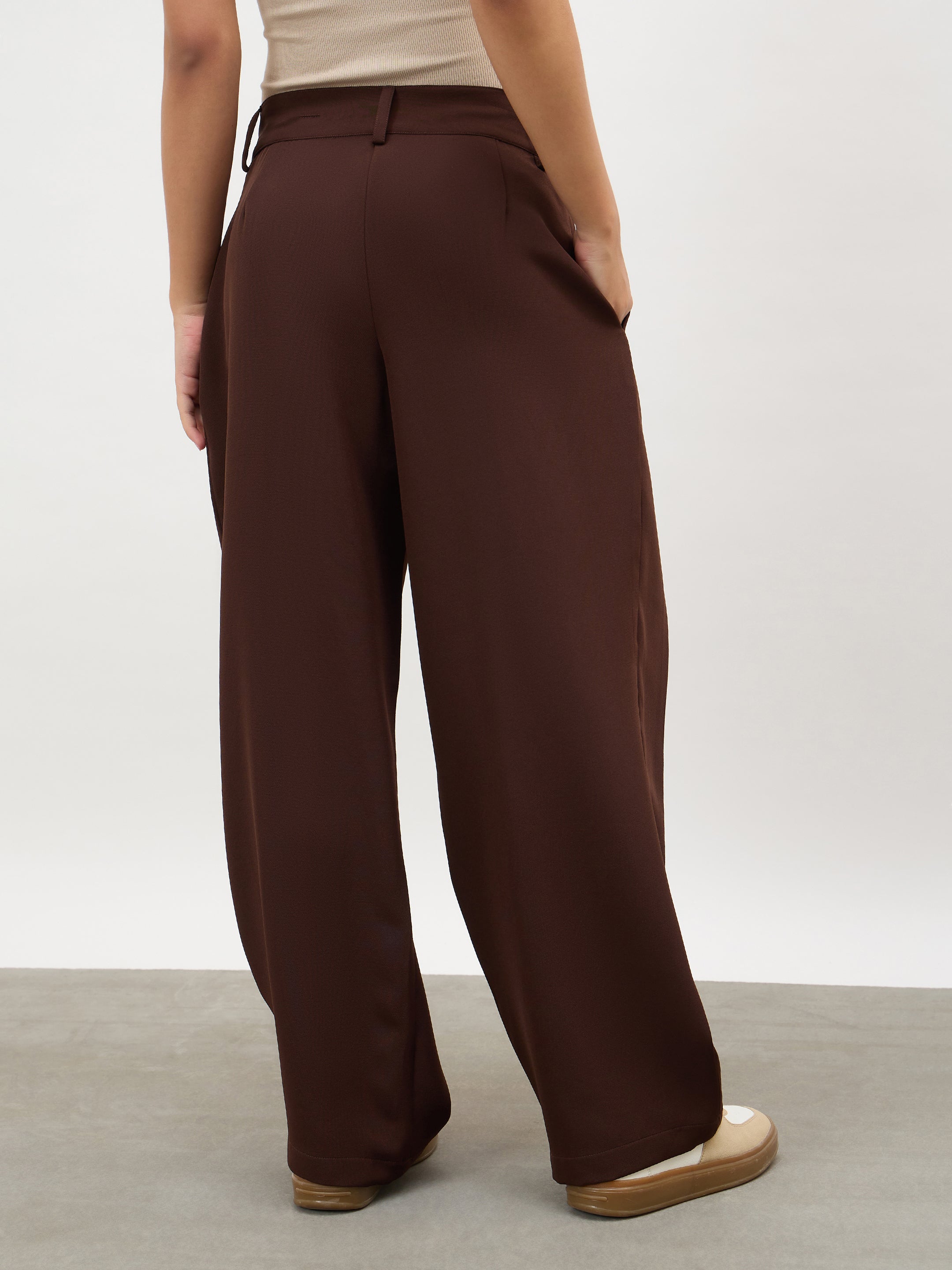 Women Dark Brown Overlapping Pleats Korean Pants
